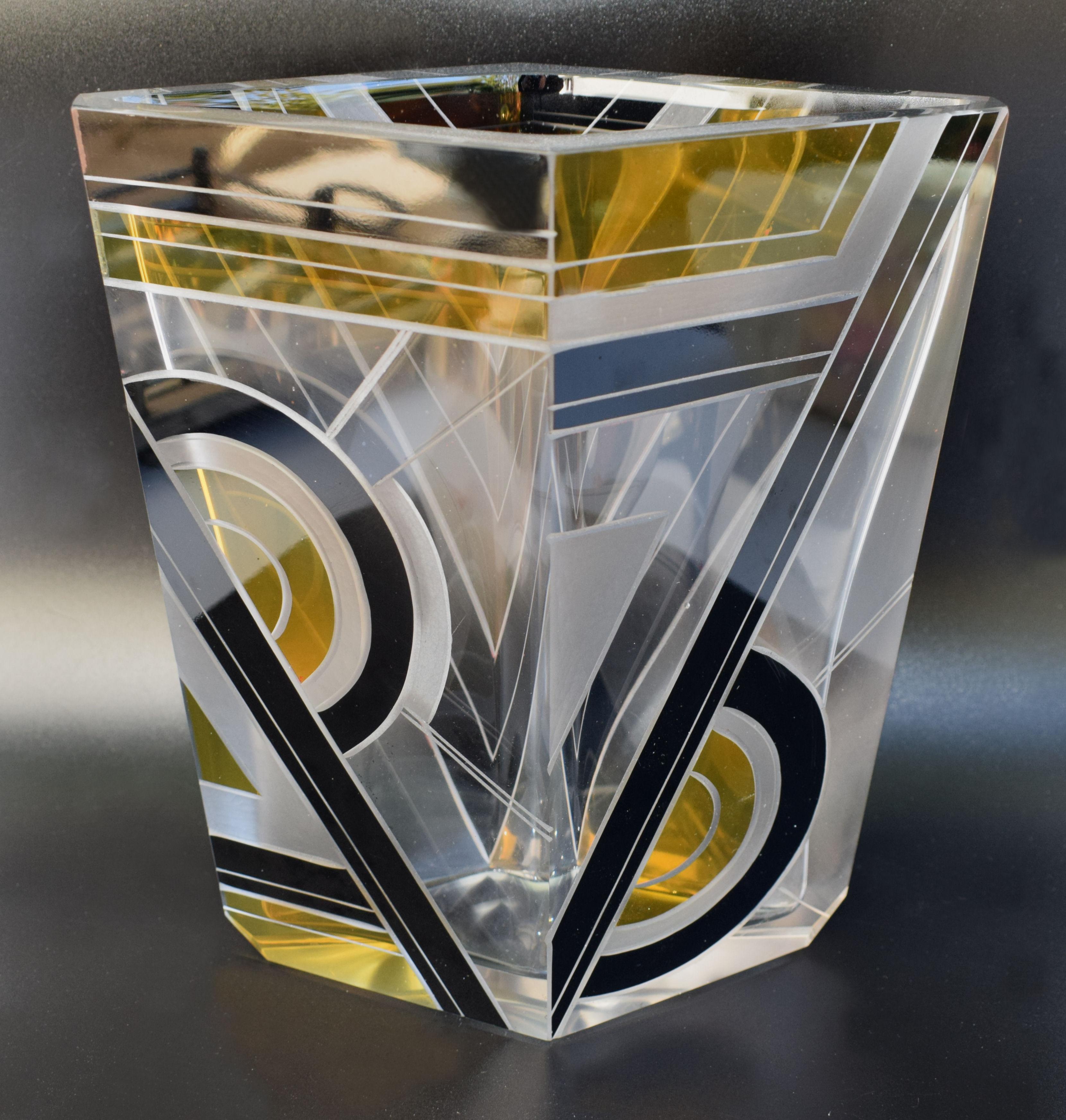 An exceptional 1930s Art Deco glass vase possibly by Karl Palda, originating from the Czech Republic and what a gem it is, it really does pack a punch being heavily decorated with the most glorious geometric decoration. Heavy in weight and high