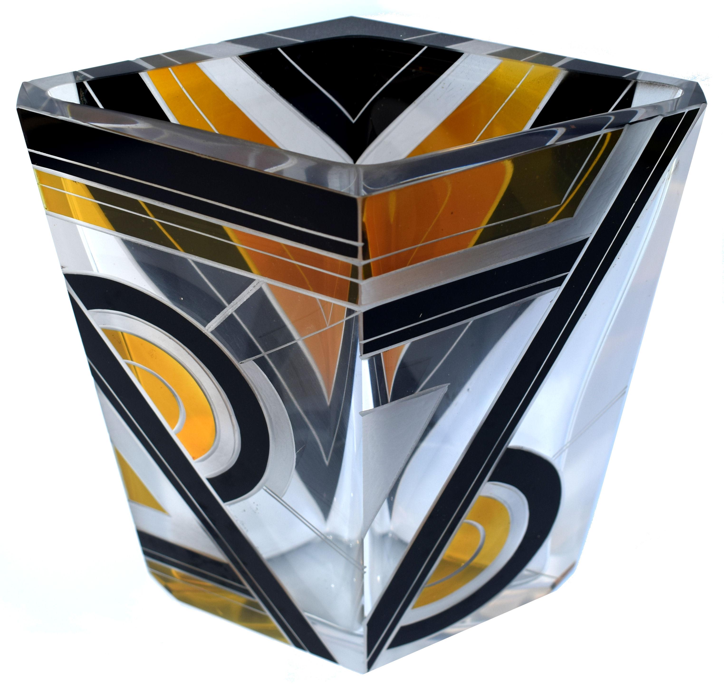 20th Century Art Deco Glass and Enamel Etched Vase, circa 1930