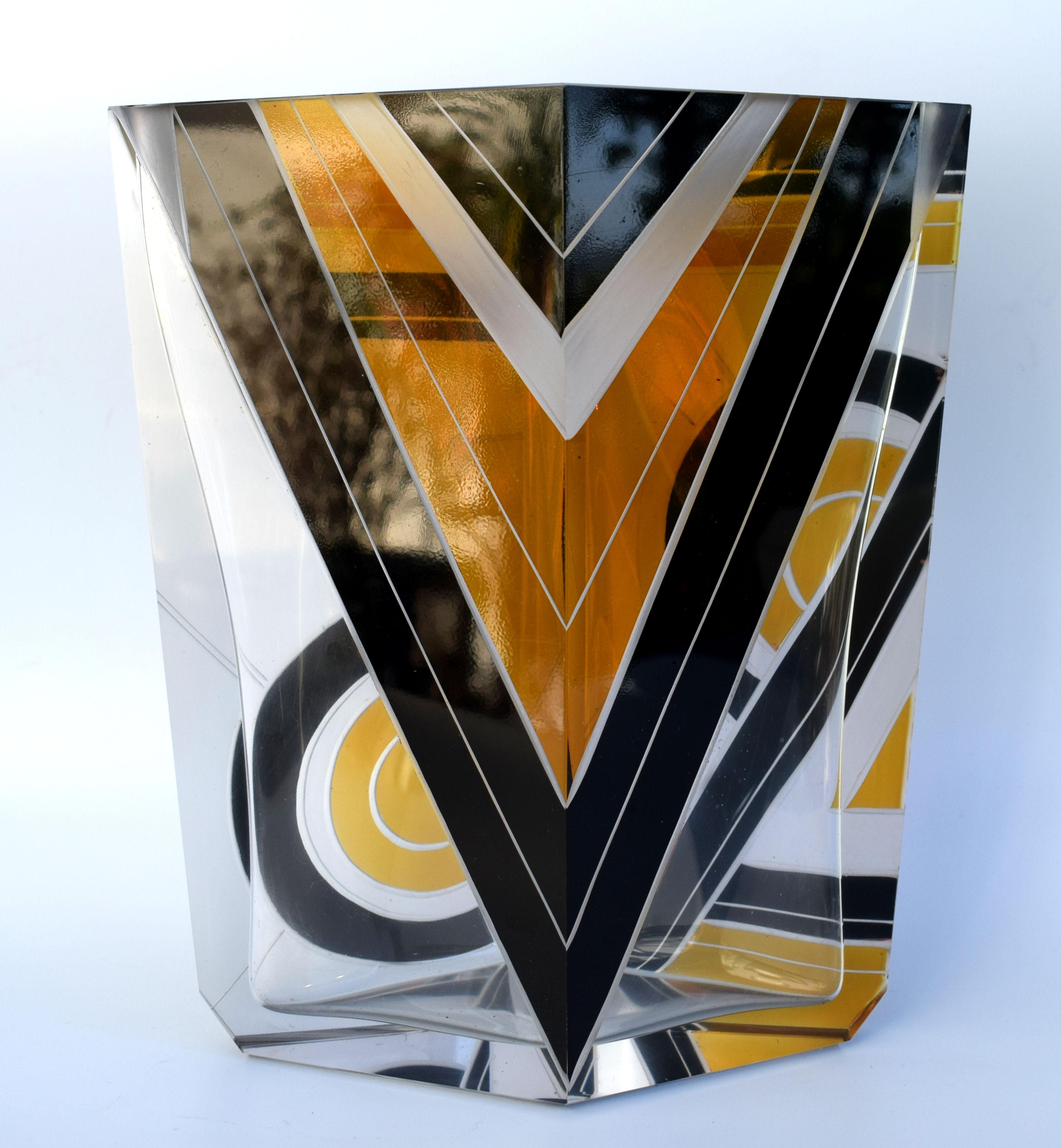 Art Deco Glass and Enamel Etched Vase, circa 1930 2