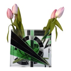 Art Deco Glass 
Enamel Etched Vase, Czech, c1930