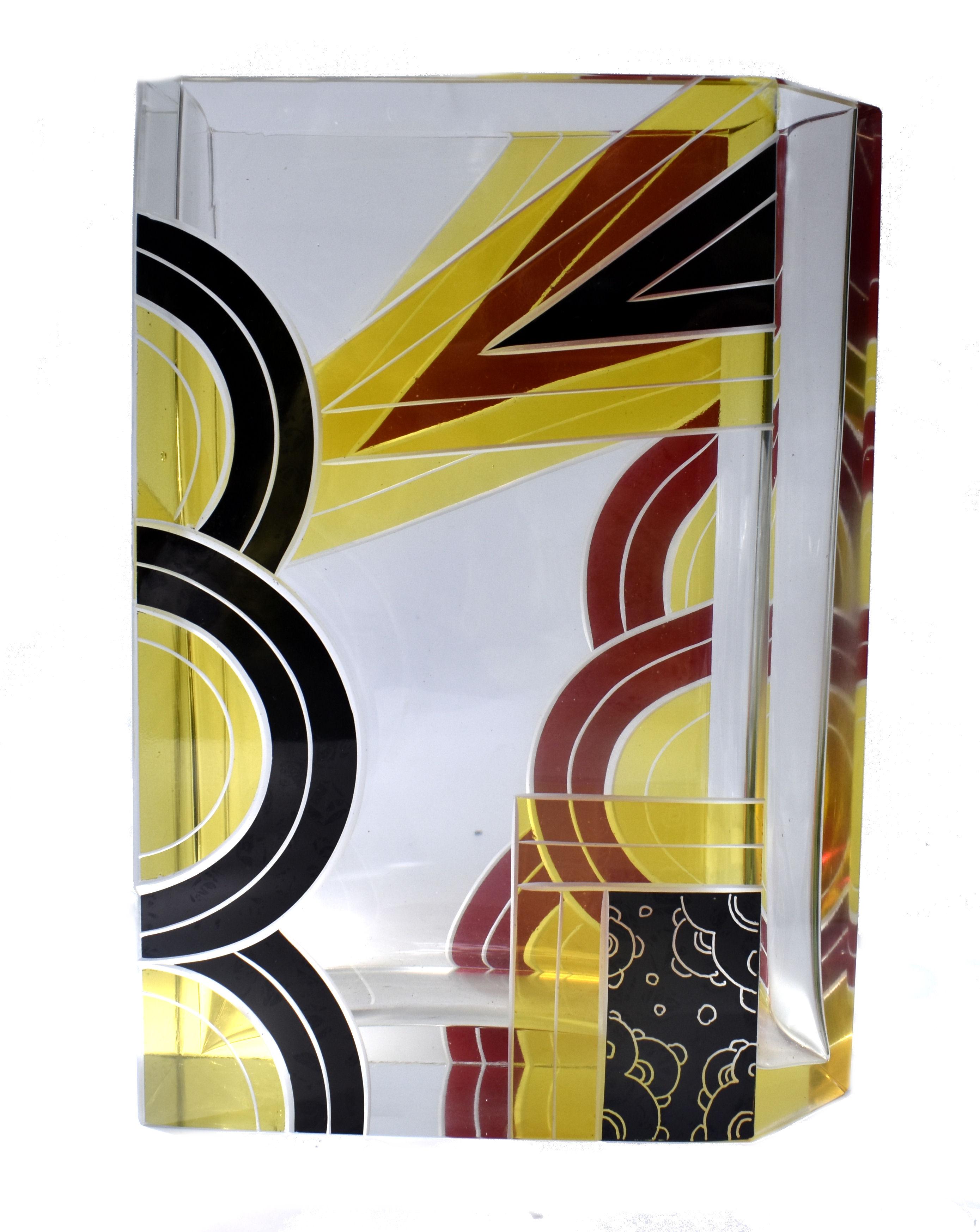 Enameled Art Deco Glass & Enamel Etched Vase, Czech Republic, C1930 For Sale