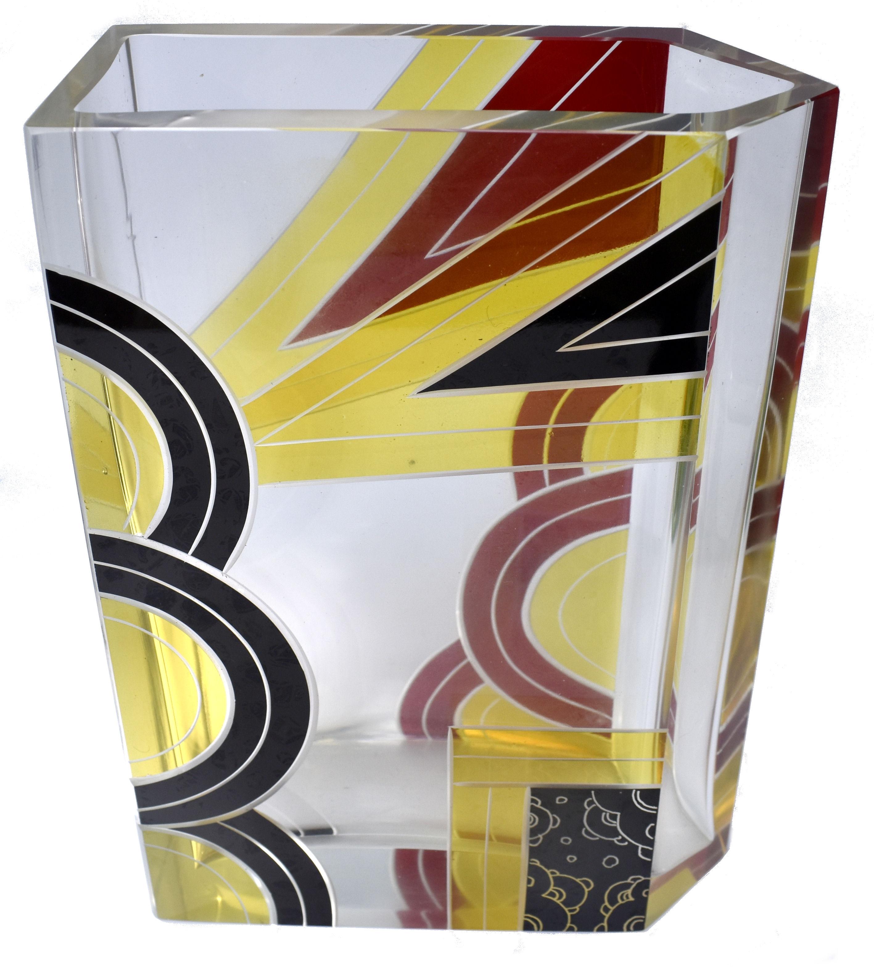 Art Deco Glass & Enamel Etched Vase, Czech Republic, C1930 In Excellent Condition For Sale In Devon, England