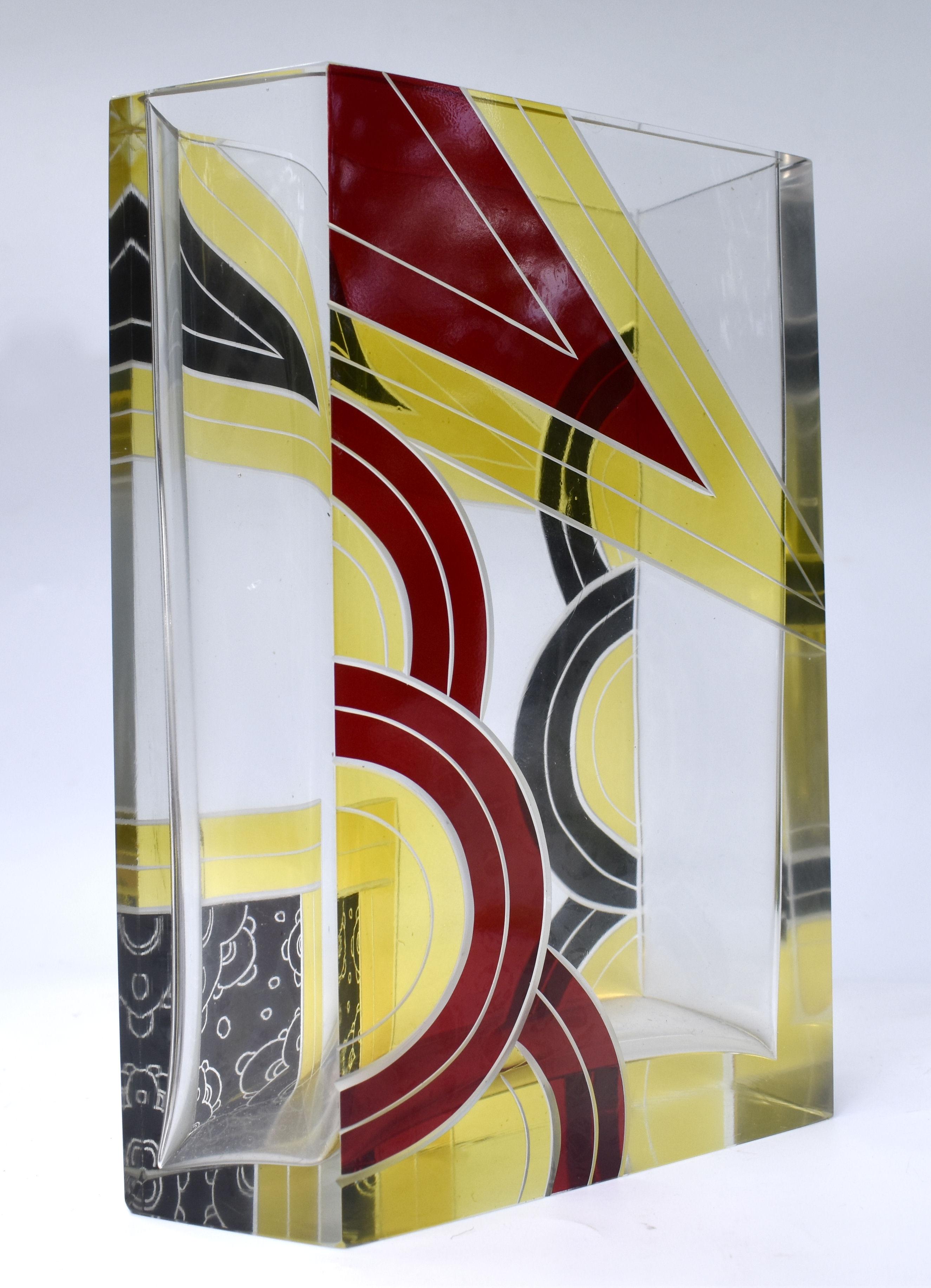 20th Century Art Deco Glass & Enamel Etched Vase, Czech Republic, C1930 For Sale
