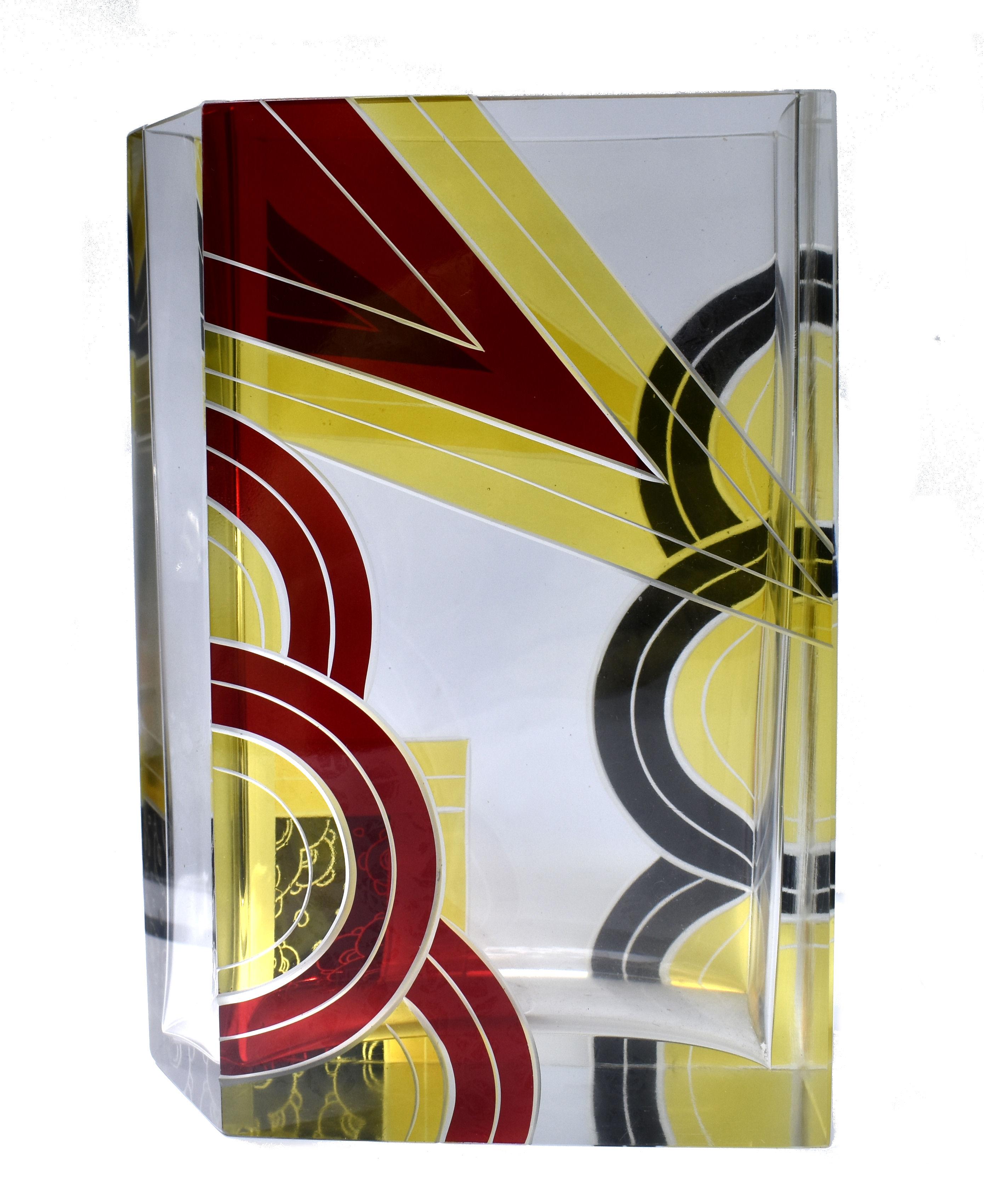 Cut Glass Art Deco Glass & Enamel Etched Vase, Czech Republic, C1930 For Sale
