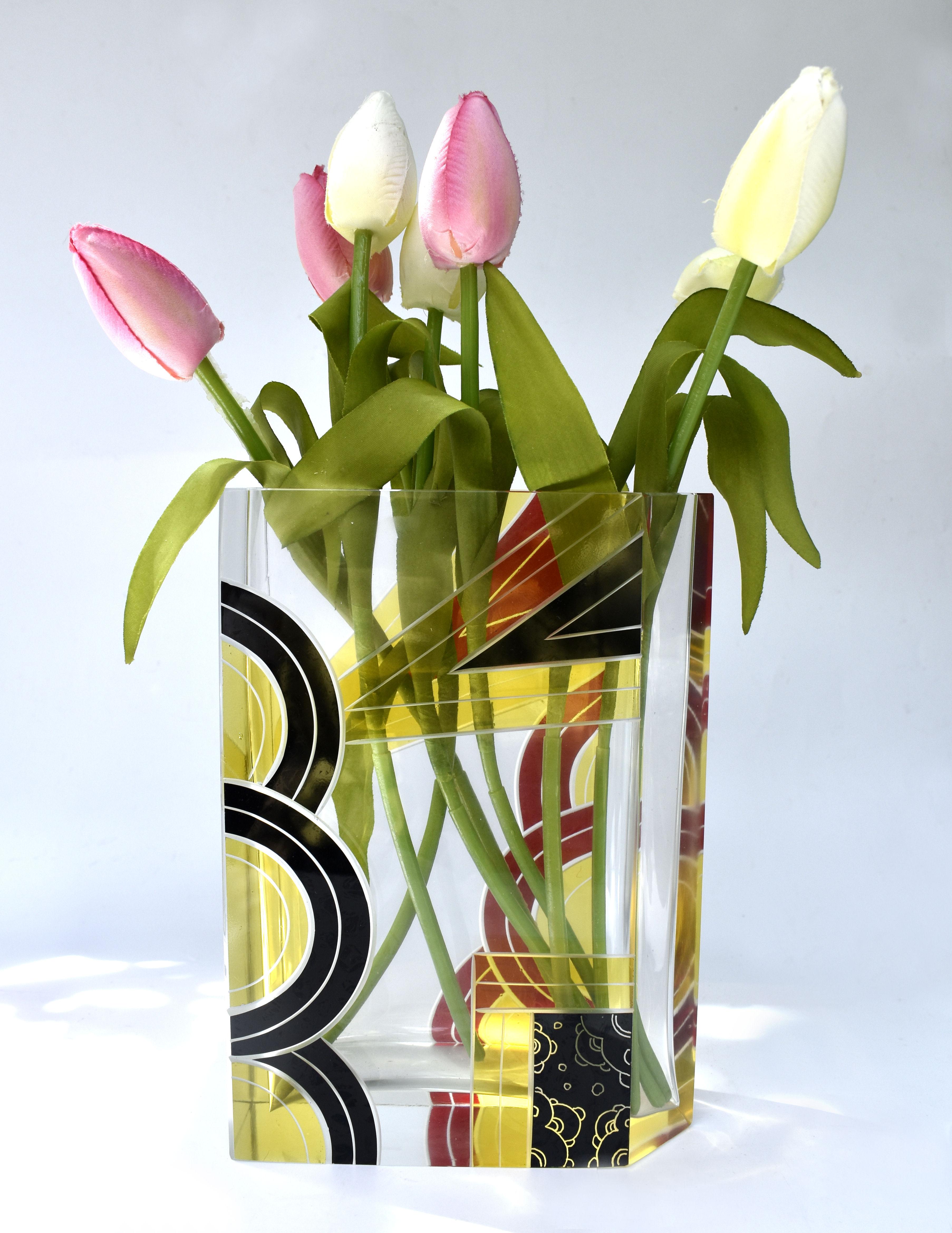 Art-Déco-Vase aus Glas und Emaille mit Ätzung, Tschechische Republik, um 1930 (Geschliffenes Glas) im Angebot