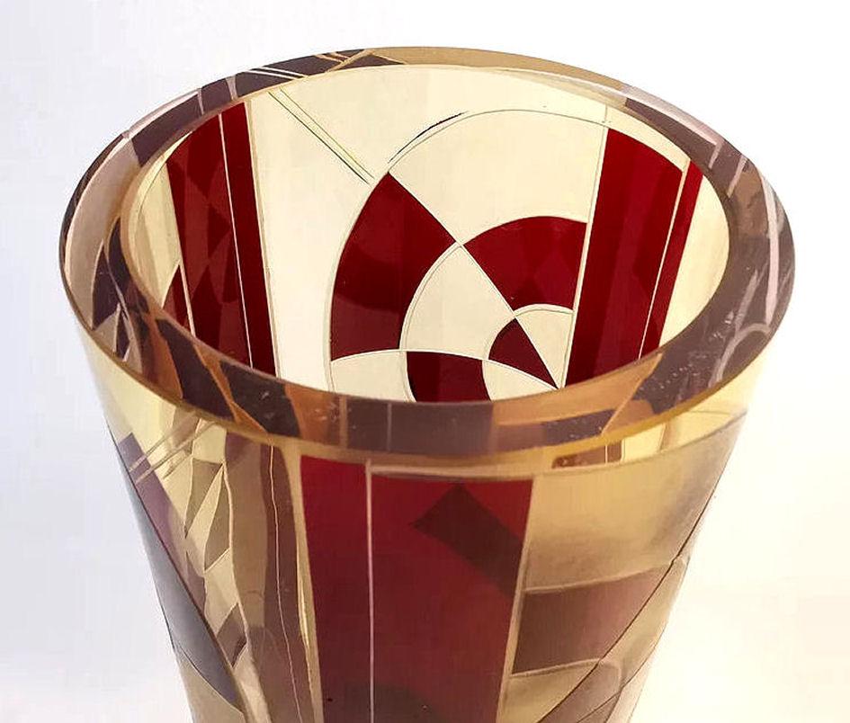 Czech Art Deco Glass & Enamel Etched Vase
