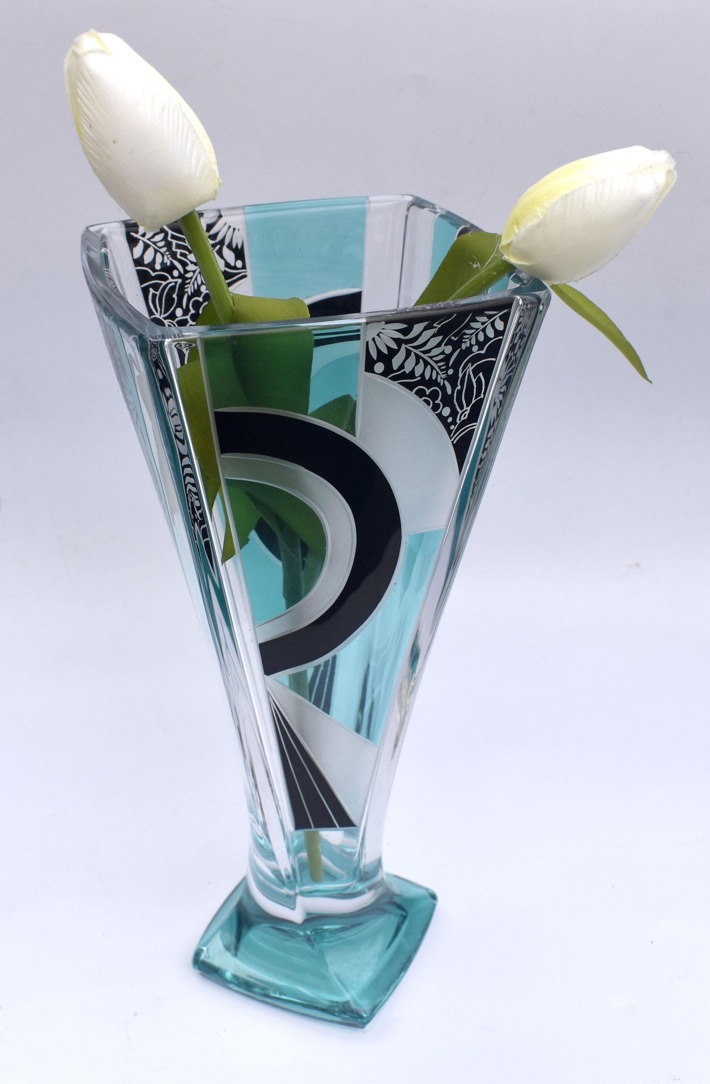 Czech Art Deco Glass & Enamel Etched Vase