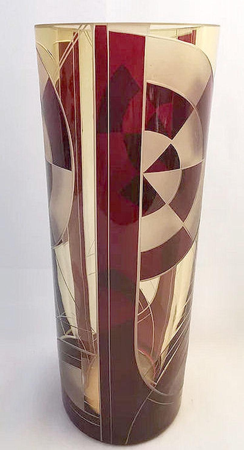 Art Deco Glass & Enamel Etched Vase In Good Condition In Devon, England