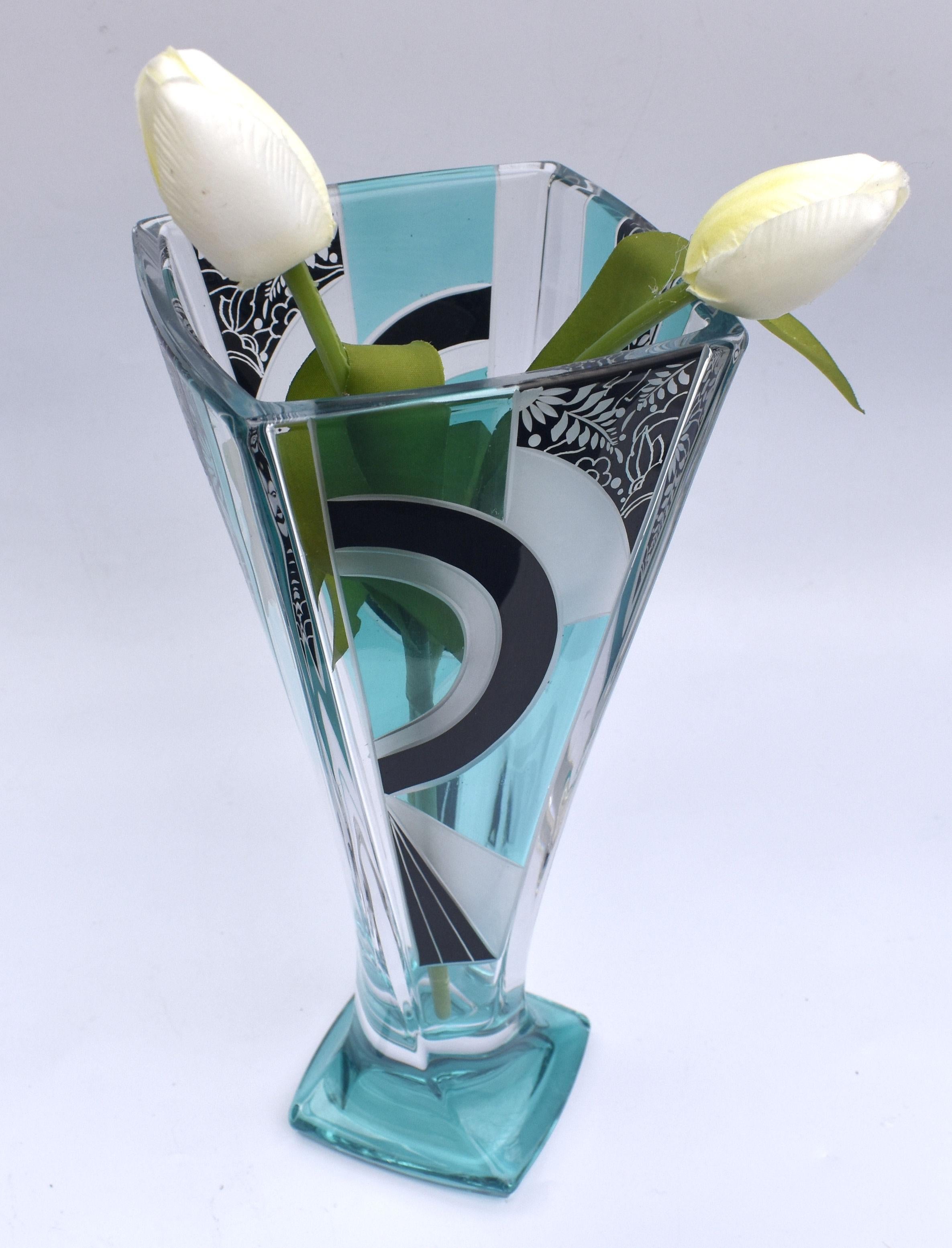 Enameled Art Deco Glass & Enamel Etched Vase