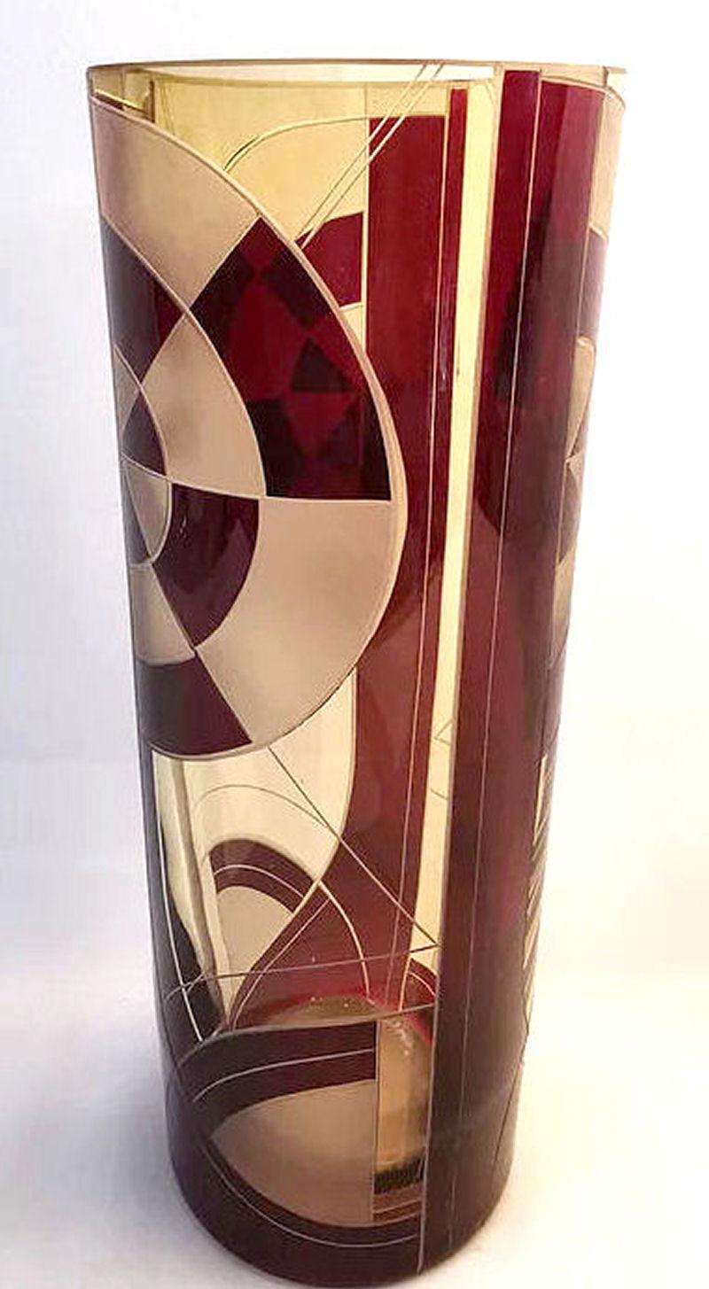 20th Century Art Deco Glass & Enamel Etched Vase
