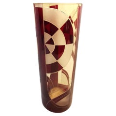 Art Deco Glass & Enamel Etched Vase
