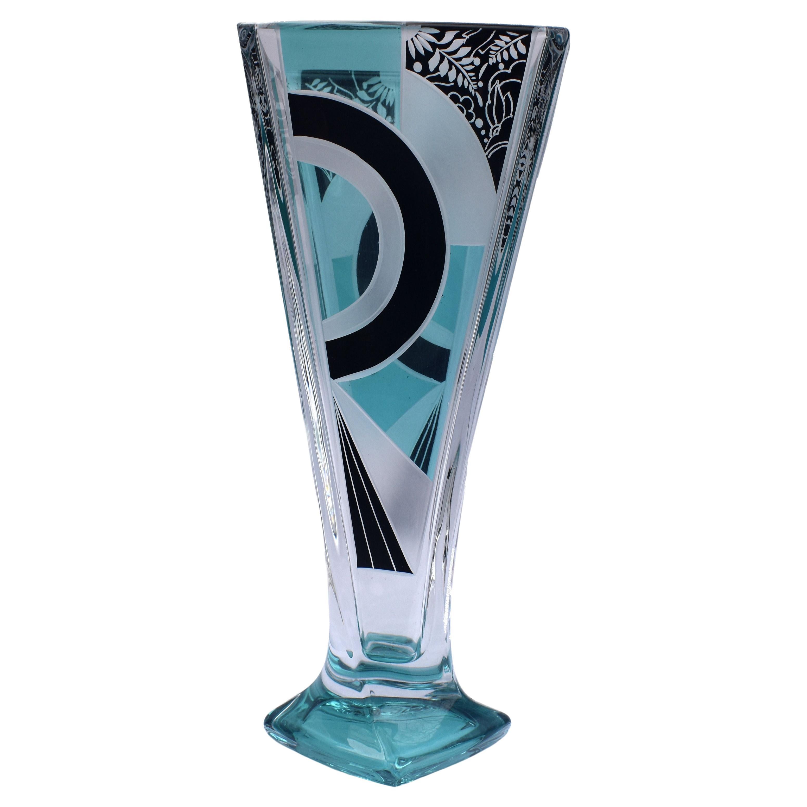 Art Deco Glass & Enamel Etched Vase