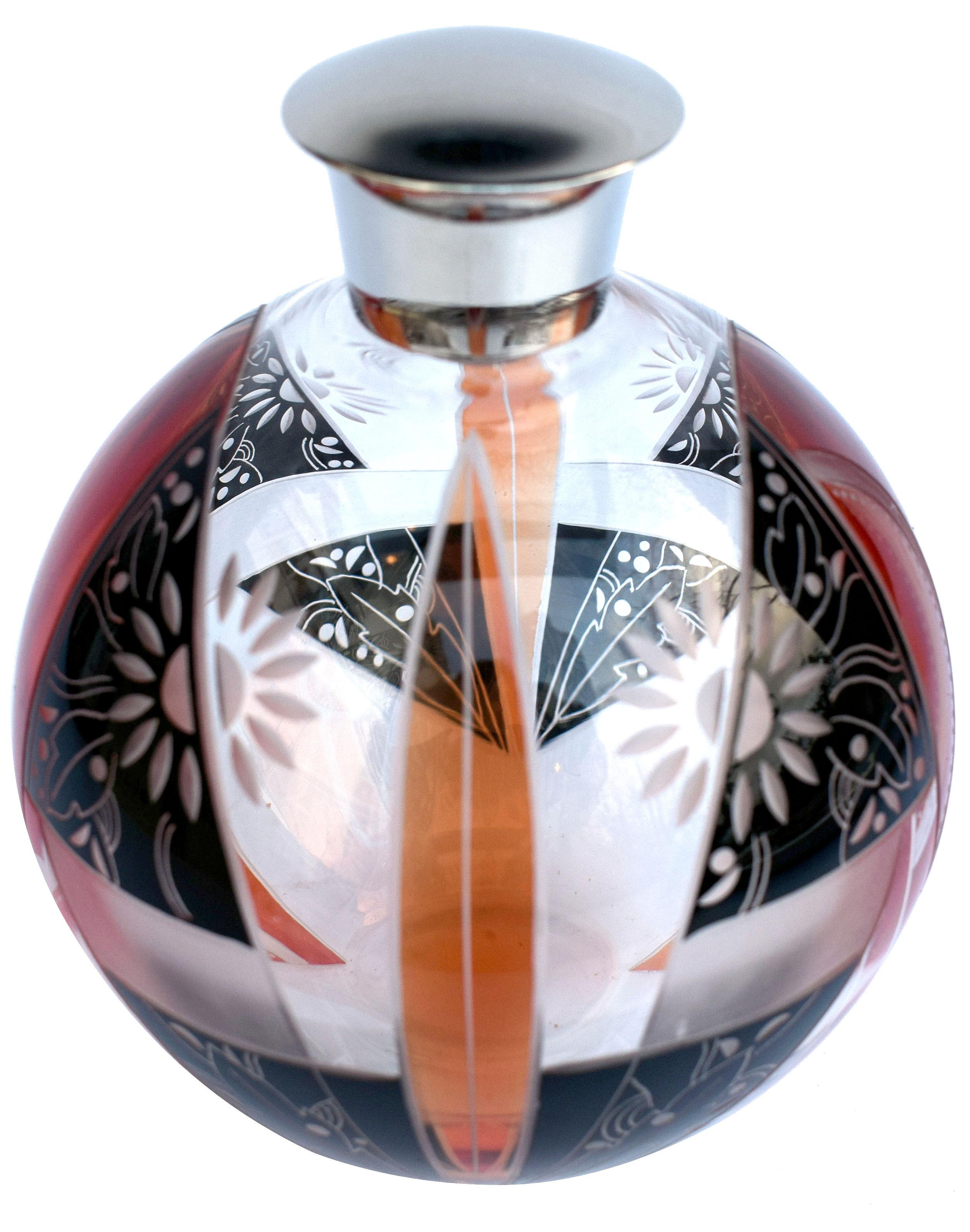 Czech Art Deco Glass and Enamel Perfume Bottle by Karl Palda