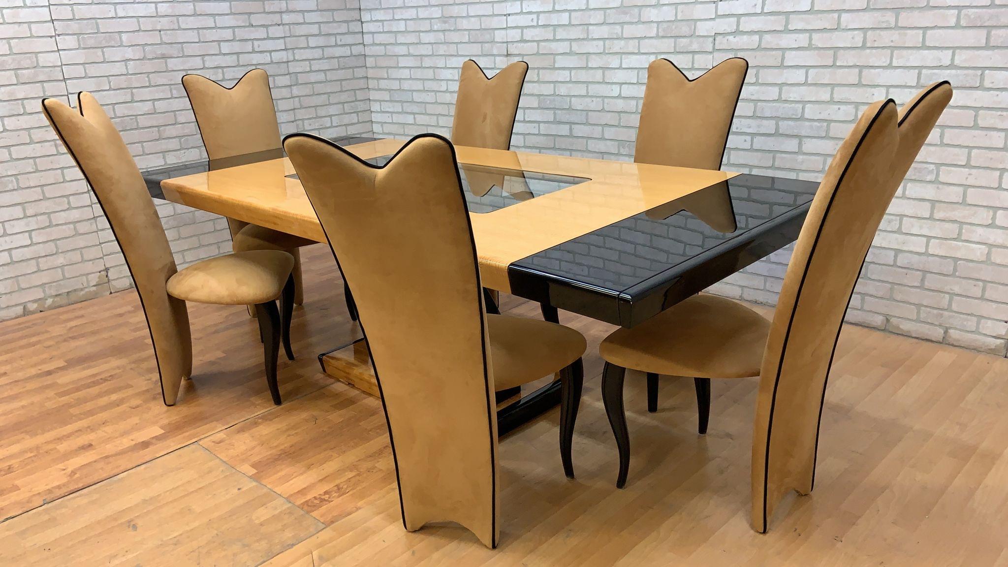 Art déco Table de salle à manger Art Déco à rallonge avec chaises de salle à manger à haut dossier - ensemble de 9 pièces en vente