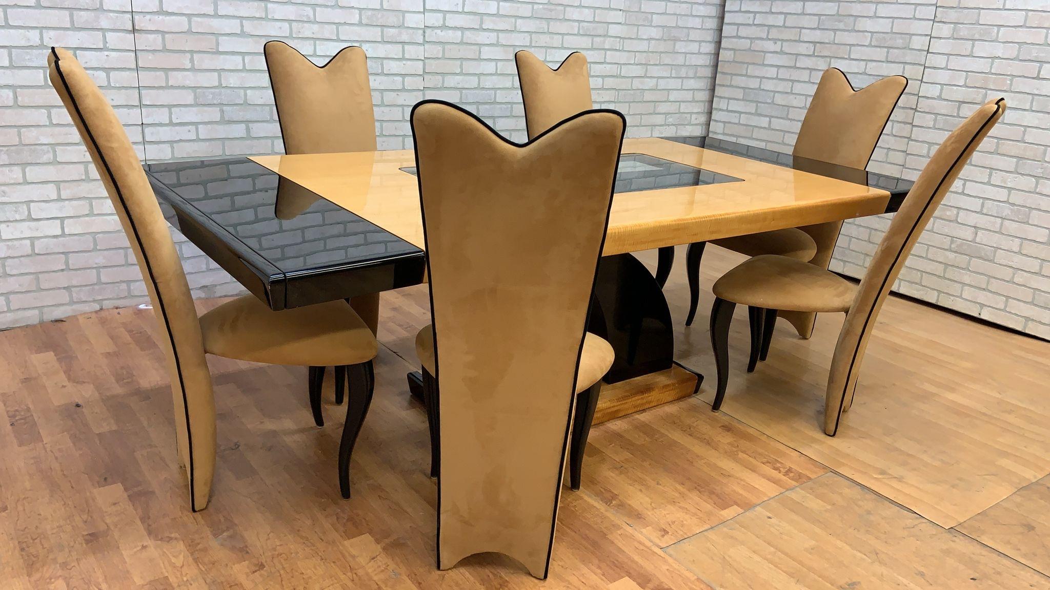 italien Table de salle à manger Art Déco à rallonge avec chaises de salle à manger à haut dossier - ensemble de 9 pièces en vente
