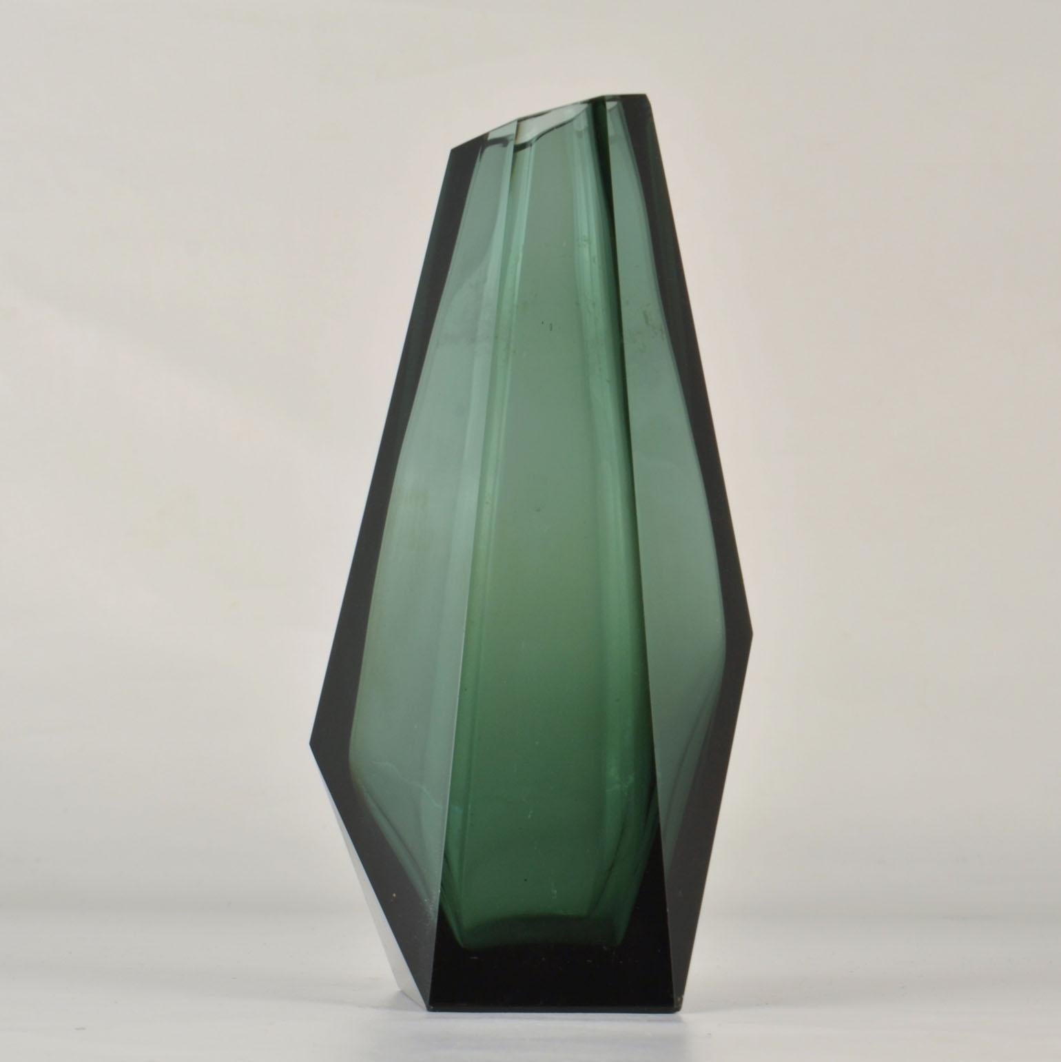 French Art Deco Glass Facet Cut Emerald Green Vase  For Sale