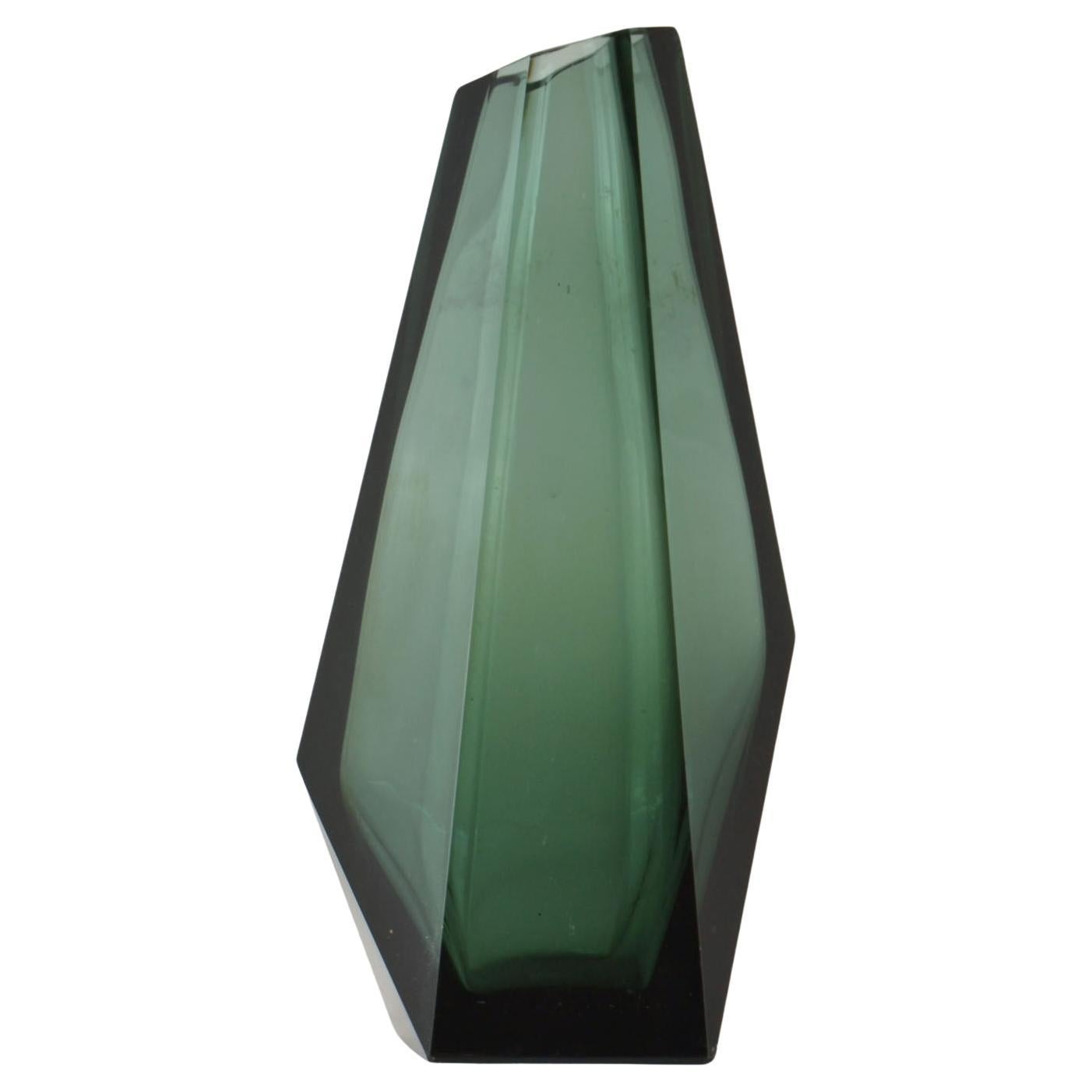 Art Deco Glass Facet Cut Emerald Green Vase  For Sale