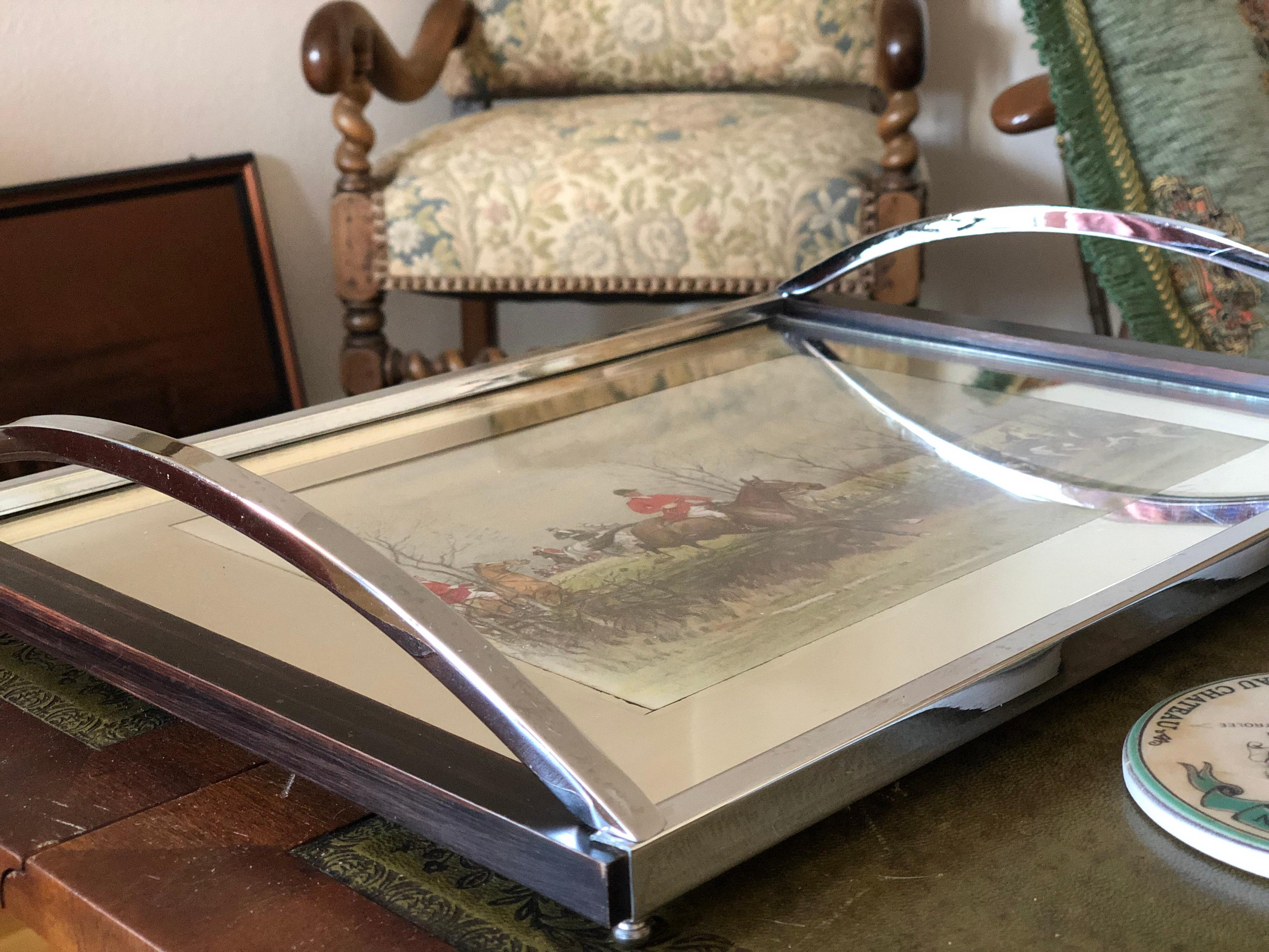 Hand-Crafted Art Deco Glass Hunting Scene Tray Mirror Table, Mid-Century Modern SALE 