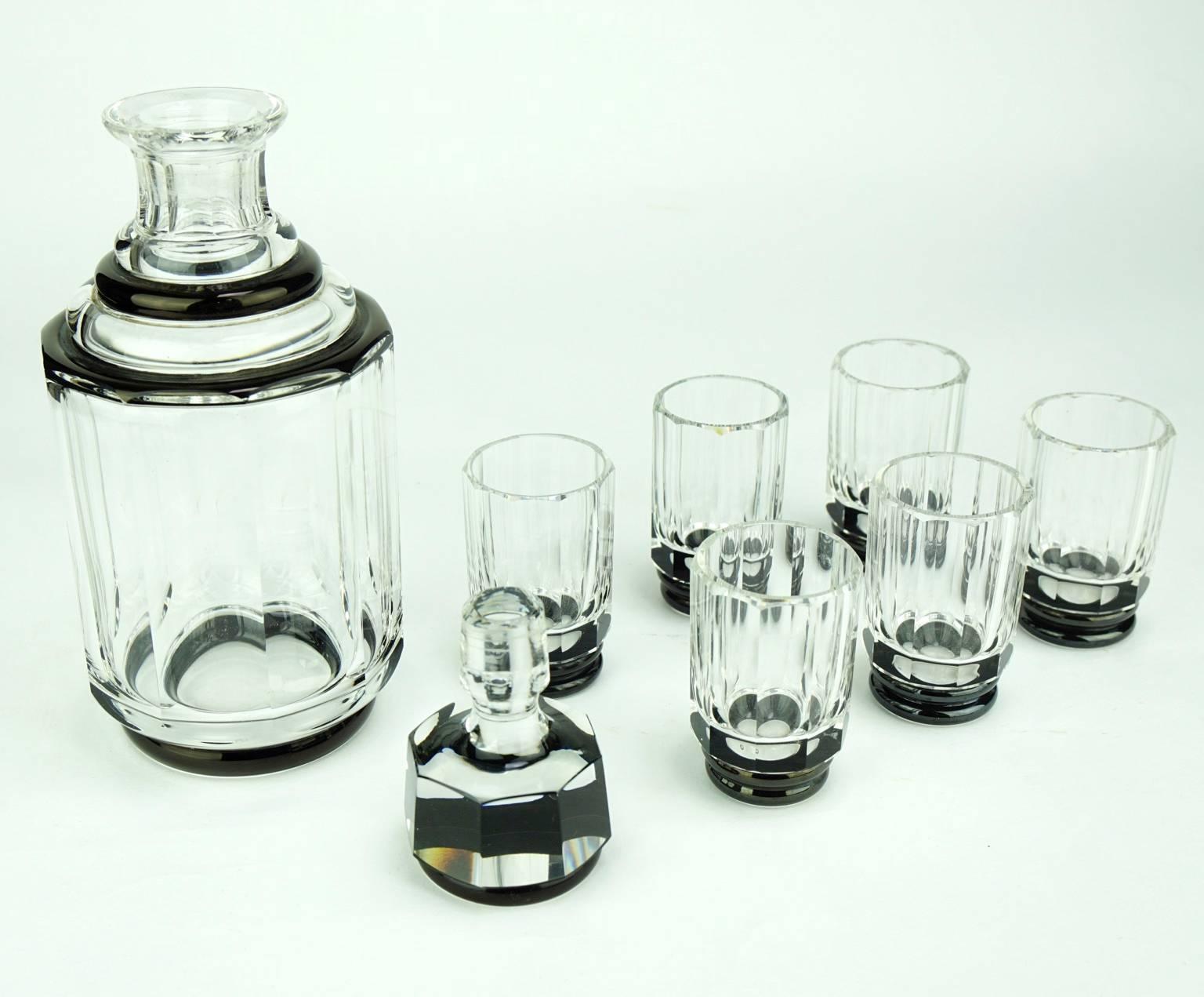 Mid-20th Century Art Deco Glass Liquor Service Decanter and Glasses For Sale