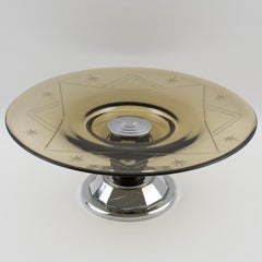 Coupe de centre de table Art déco en verre, bois de Macassar et chrome, vers 1930