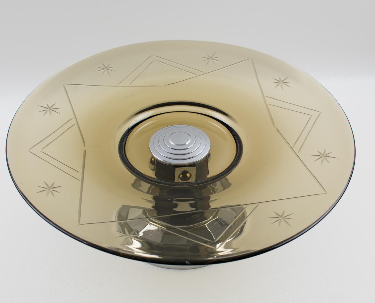 Metà XX secolo Ciotola centrotavola Art Deco in vetro, legno di Macassar e cromo, circa 1930 in vendita