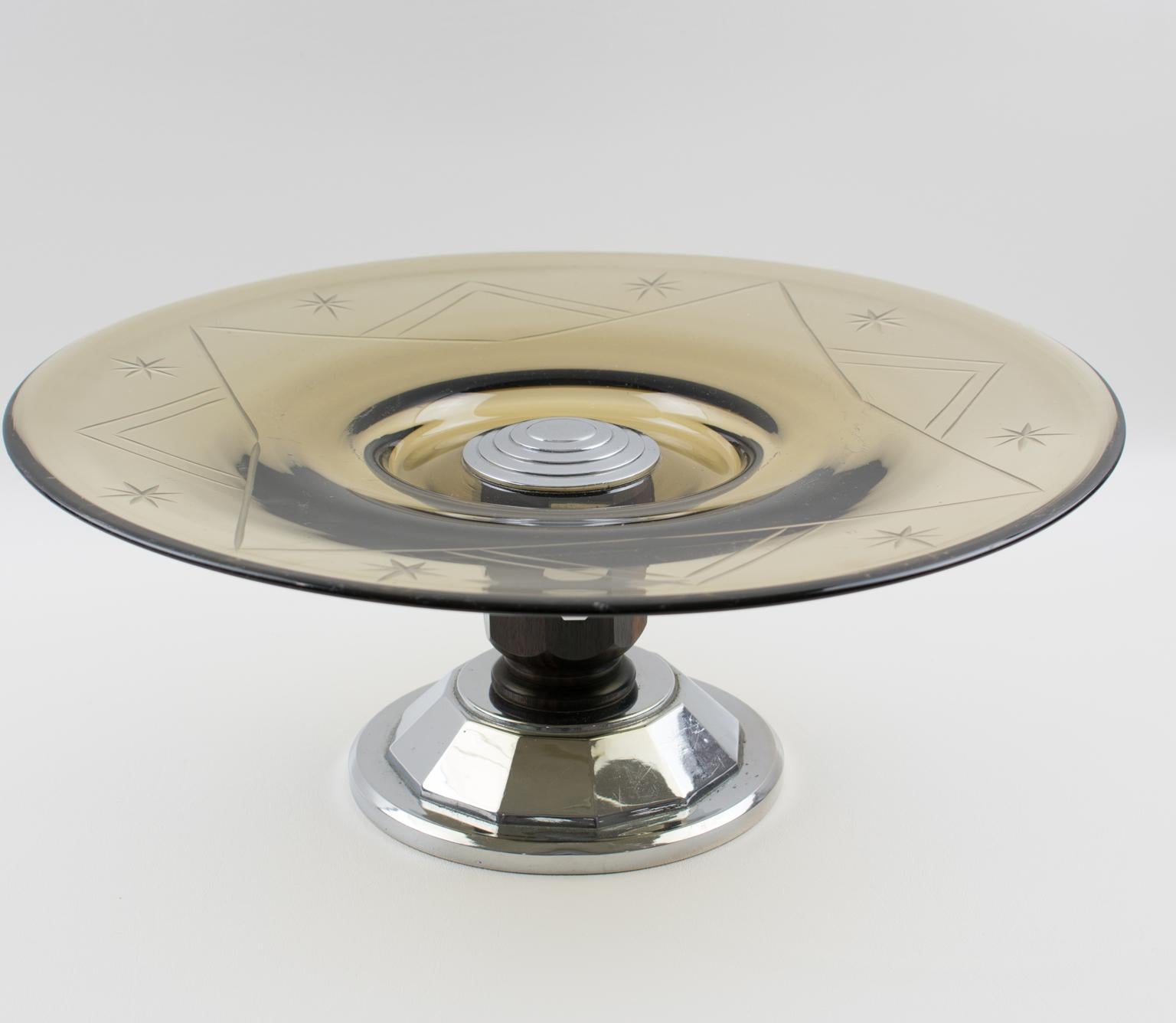 Metallo Ciotola centrotavola Art Deco in vetro, legno di Macassar e cromo, circa 1930 in vendita