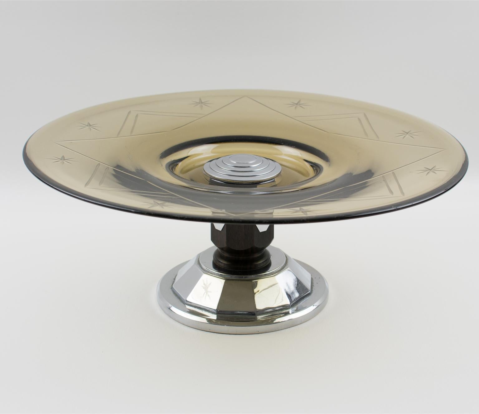 Ciotola centrotavola Art Deco in vetro, legno di Macassar e cromo, circa 1930 in vendita 1