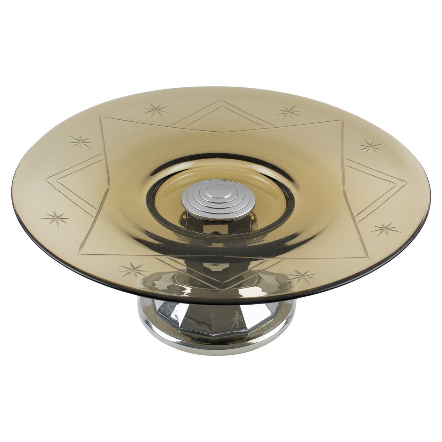 Centro de mesa de cristal art déco, madera de macasar y cromo, circa 1930
