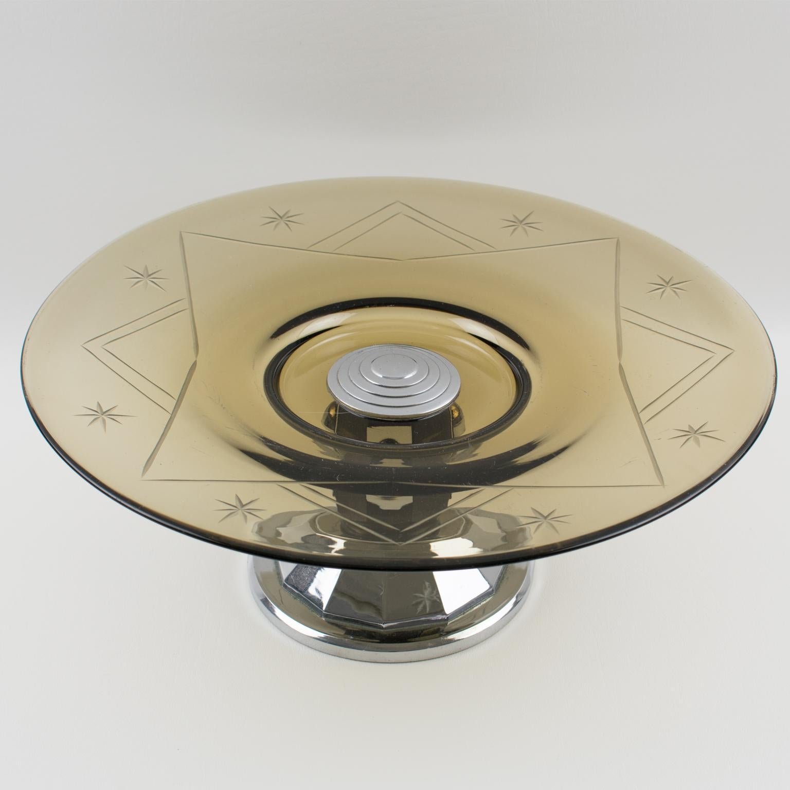 French Art Deco Glass, Macassar Wood and Chrome Centerpiece Bowl, France 1930s For Sale