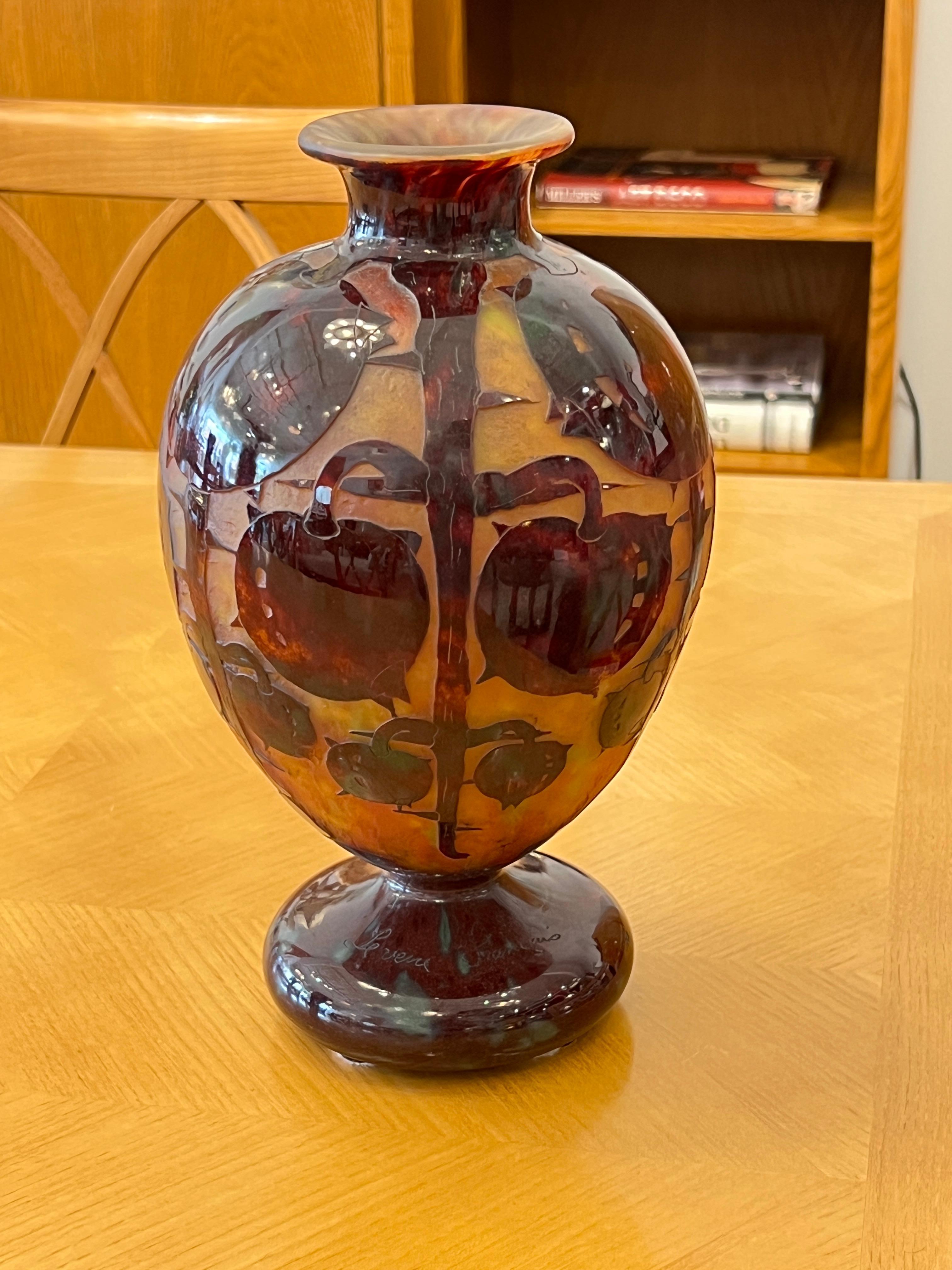 Art Deco glass vase with a Dark Violet foot and Dark Brown chestnut fruits with its vines that are acid-etched on a satiné Yellow back that washes off to Orange. This piece belongs to the Maroons serie designed by Charles Schneider for Le Verre