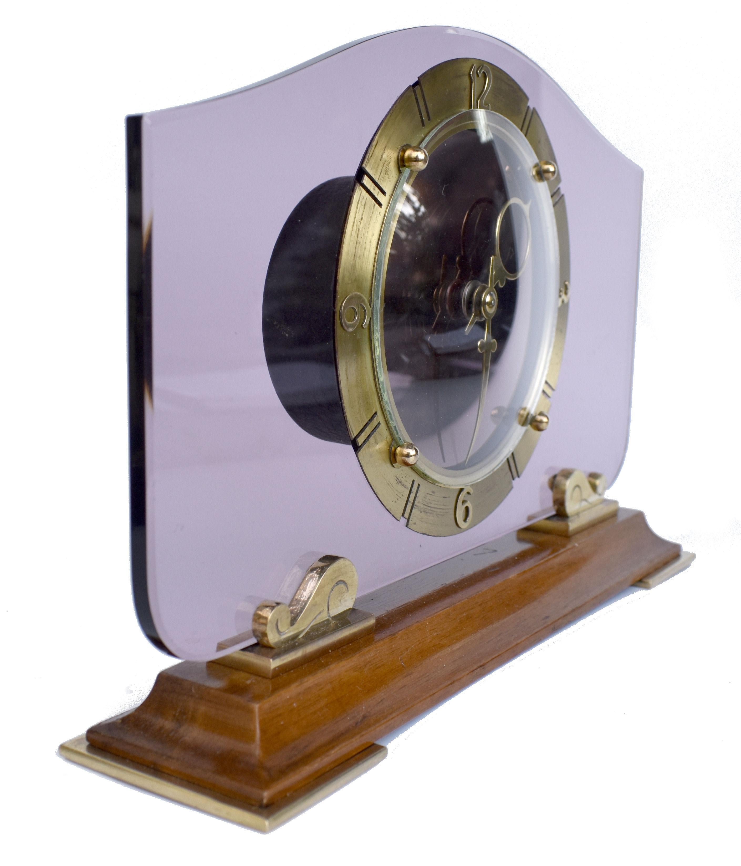 English Art Deco Glass & Mirror 8 Day Mantle Clock, 1930 For Sale
