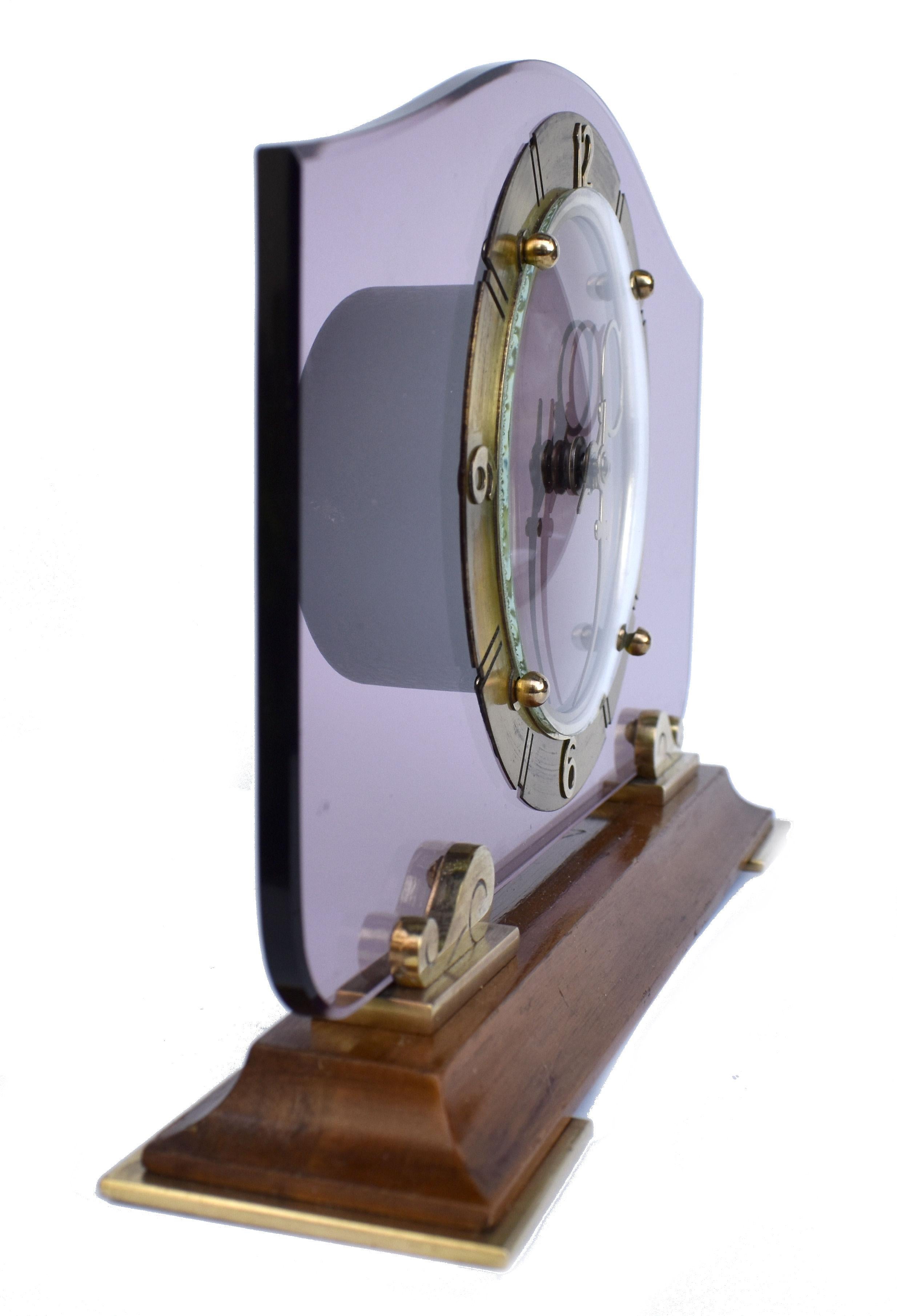 Pendule de cheminée Art Déco 8 jours en verre et miroir, 1930 Bon état - En vente à Devon, England