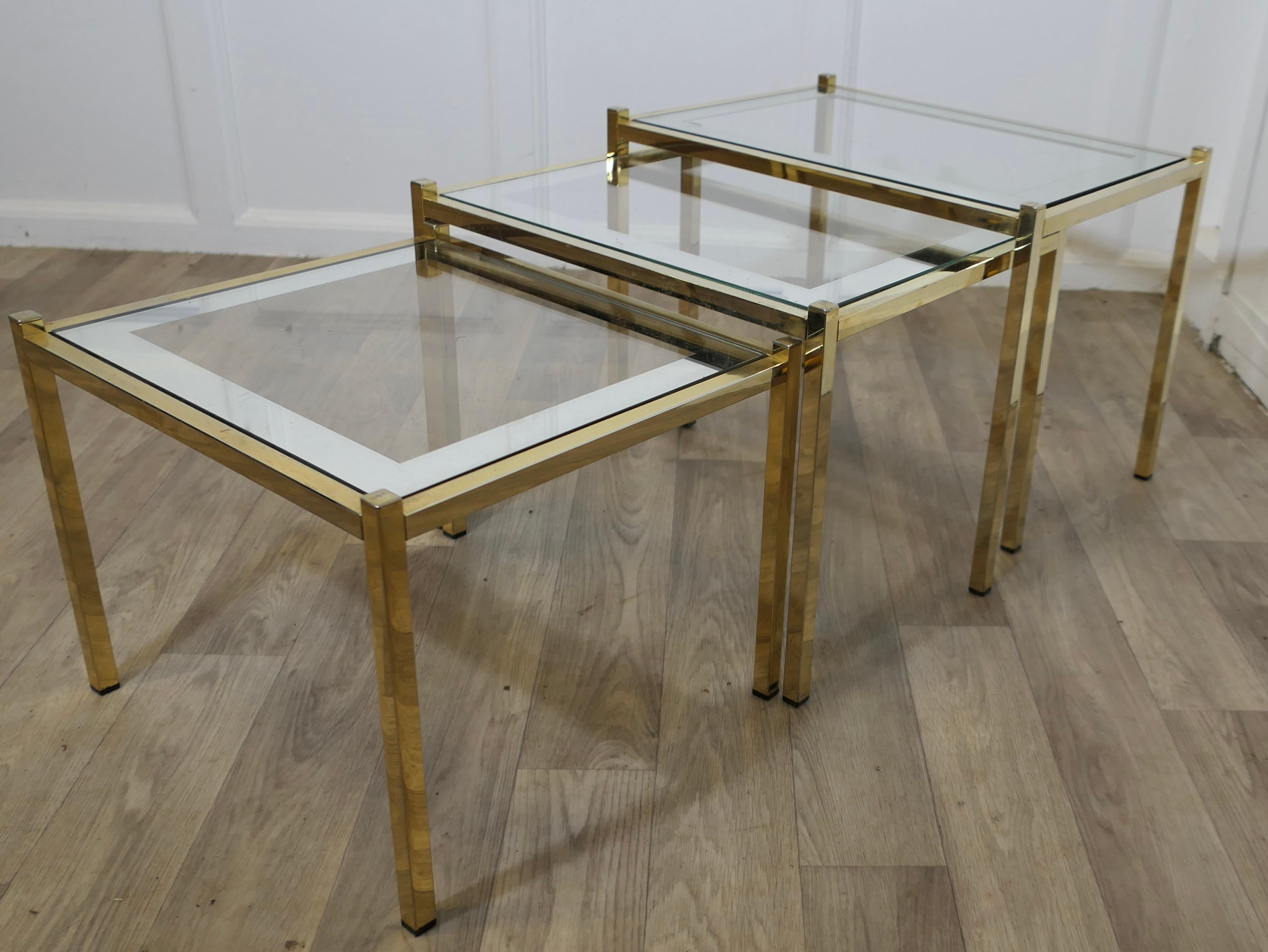 Mid-20th Century Art Deco Glass Mirror and Brass Nest of Tables For Sale