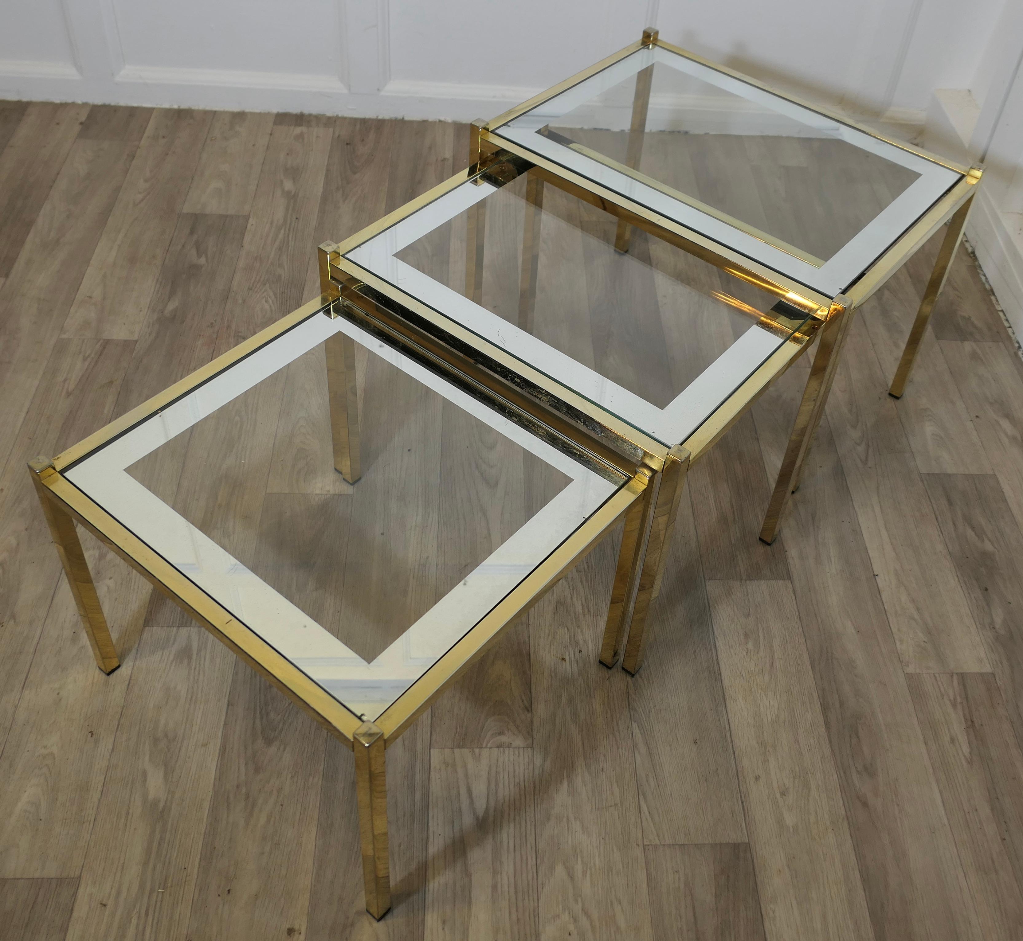 Art Deco Glass Mirror and Brass Nest of Tables For Sale 1