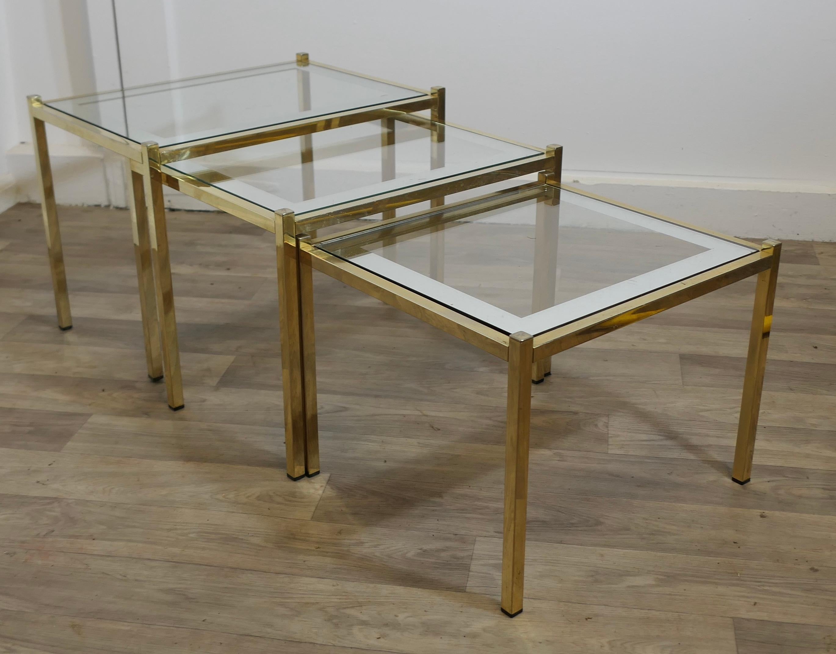 Art Deco Glass Mirror and Brass Nest of Tables For Sale 2
