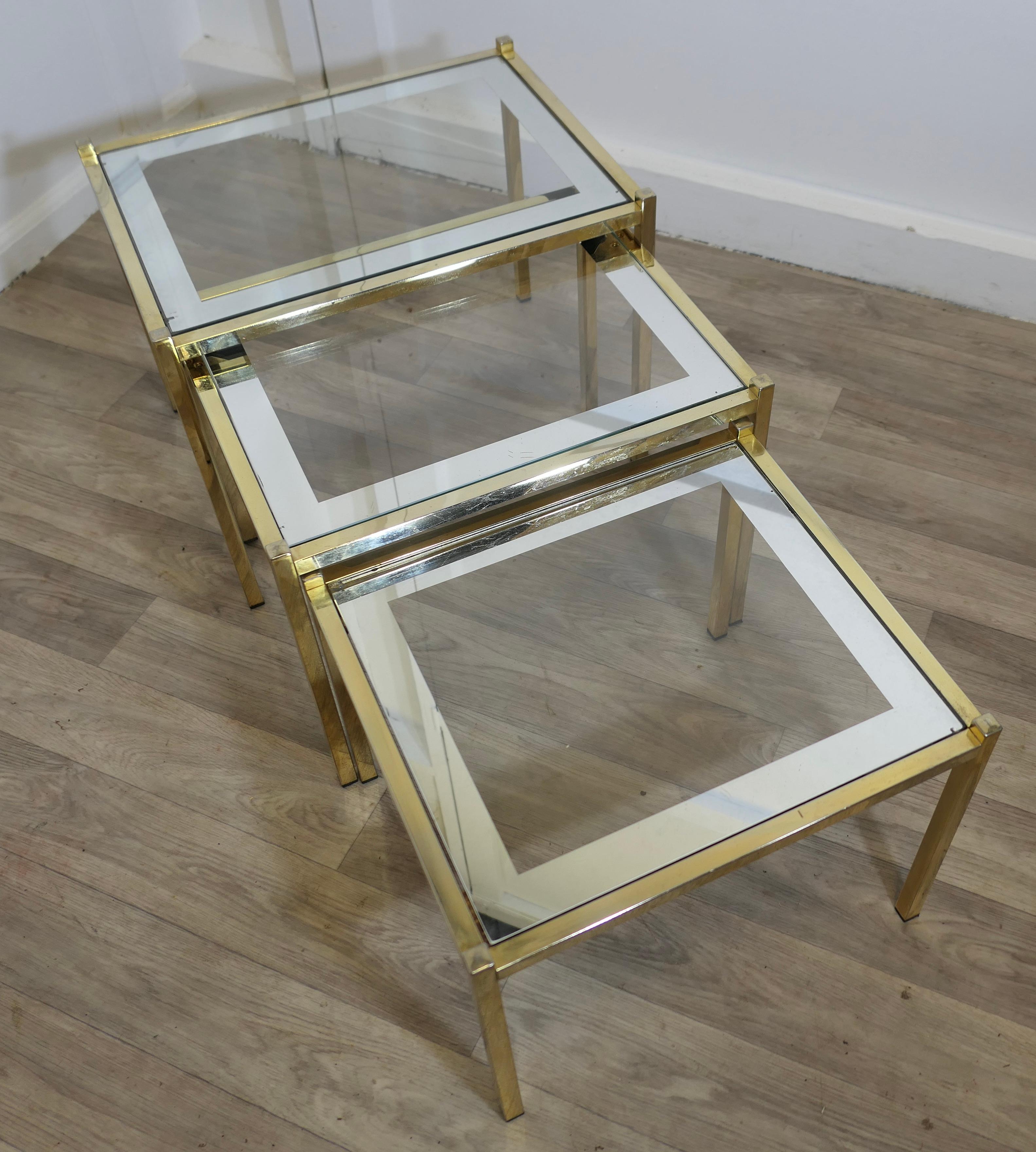 Art Deco Glass Mirror and Brass Nest of Tables For Sale 3
