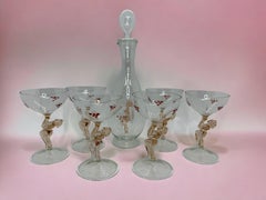 Art Deco Glass Nude Lady Decanter & 6 Glasses Set by Bimini, Vintage Austria