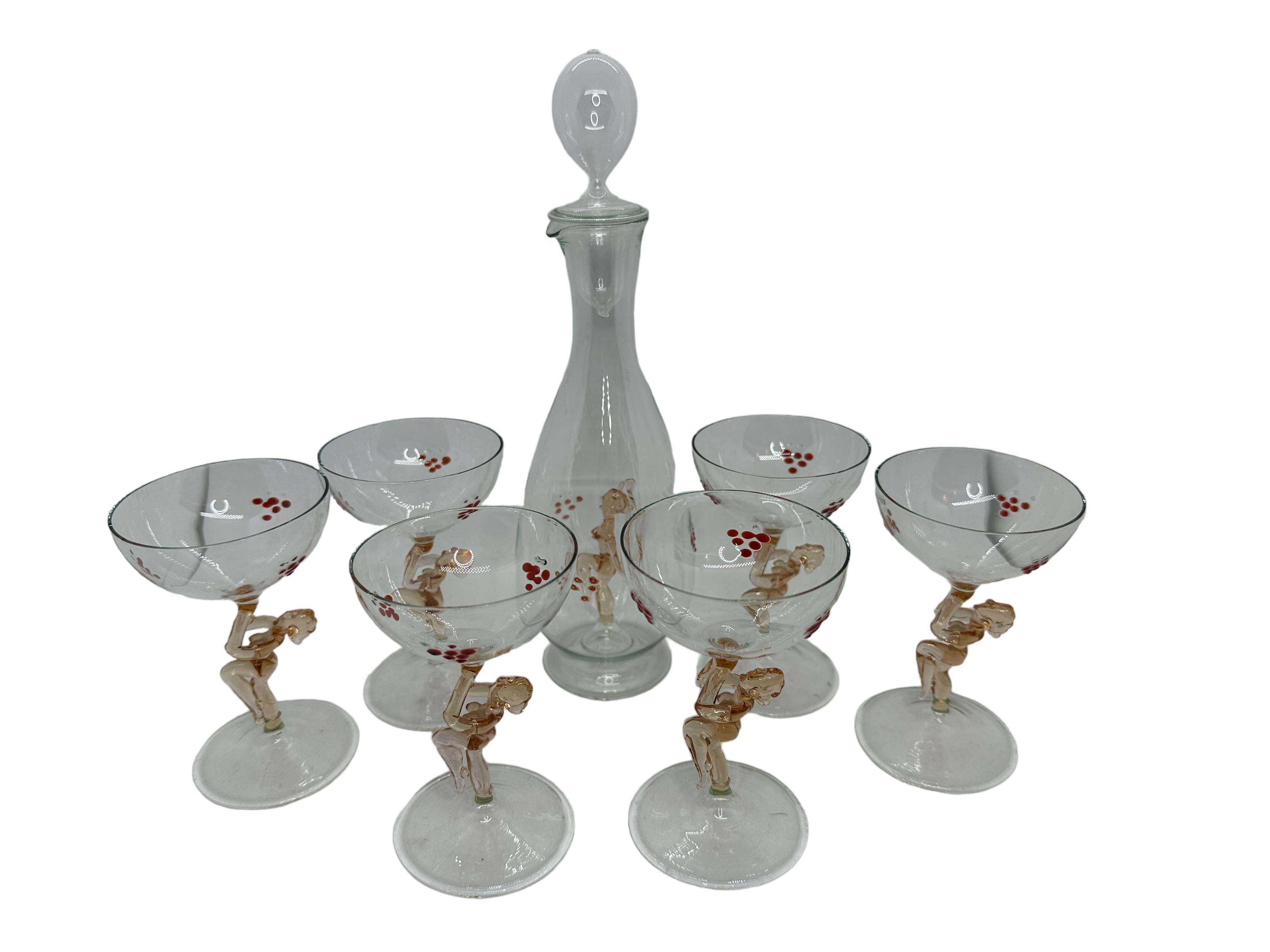 German Art Deco Glass Nude Lady Decanter & 6 Glasses Set by Bimini, Vintage Austria