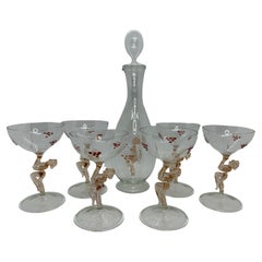 Art Deco Glass Nude Lady Decanter & 6 Glasses Set by Bimini, Vintage Austria