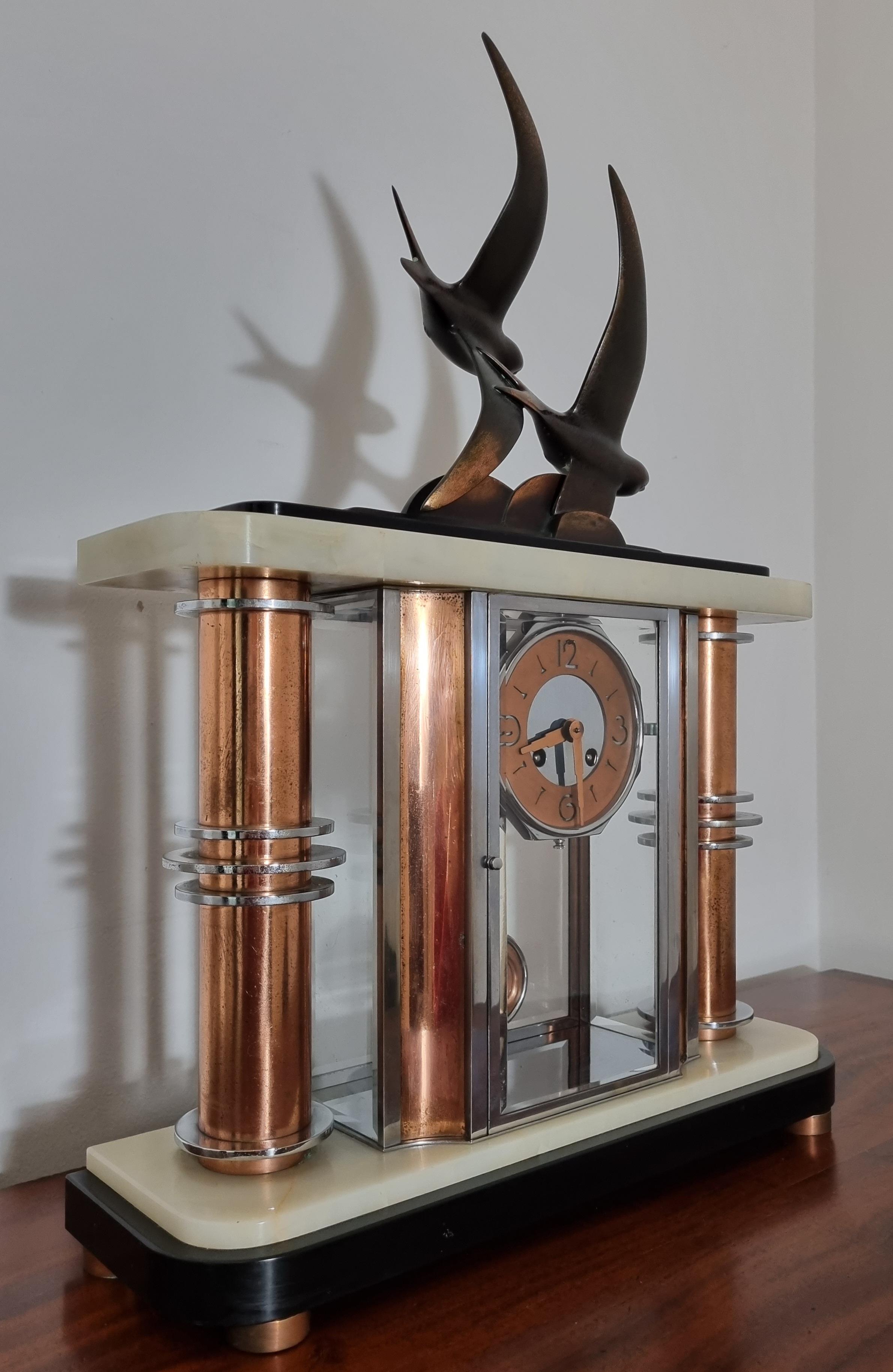 French Art Deco Glass Panelled Clock with Bronze Swallows For Sale