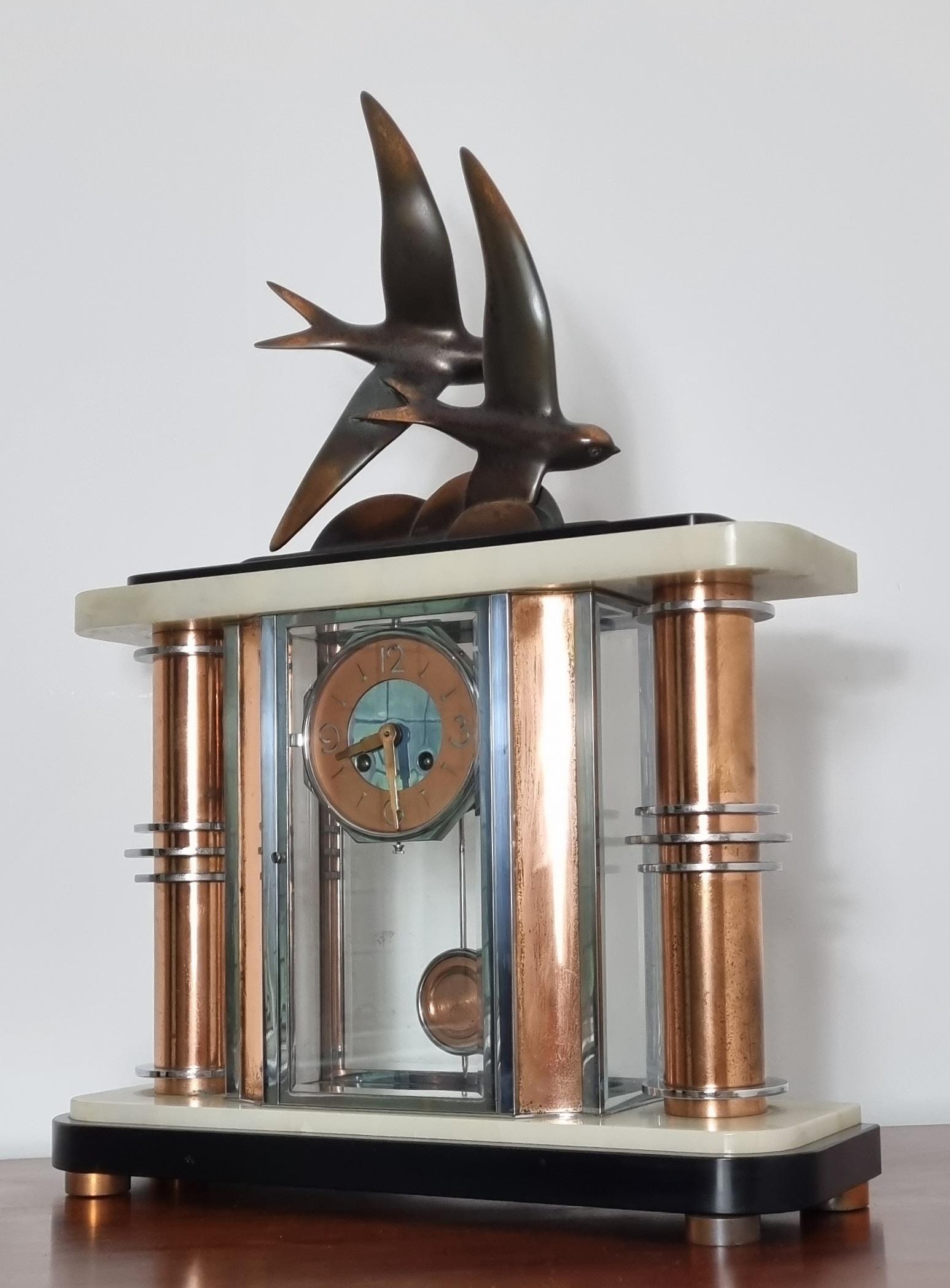 Cast Art Deco Glass Panelled Clock with Bronze Swallows For Sale
