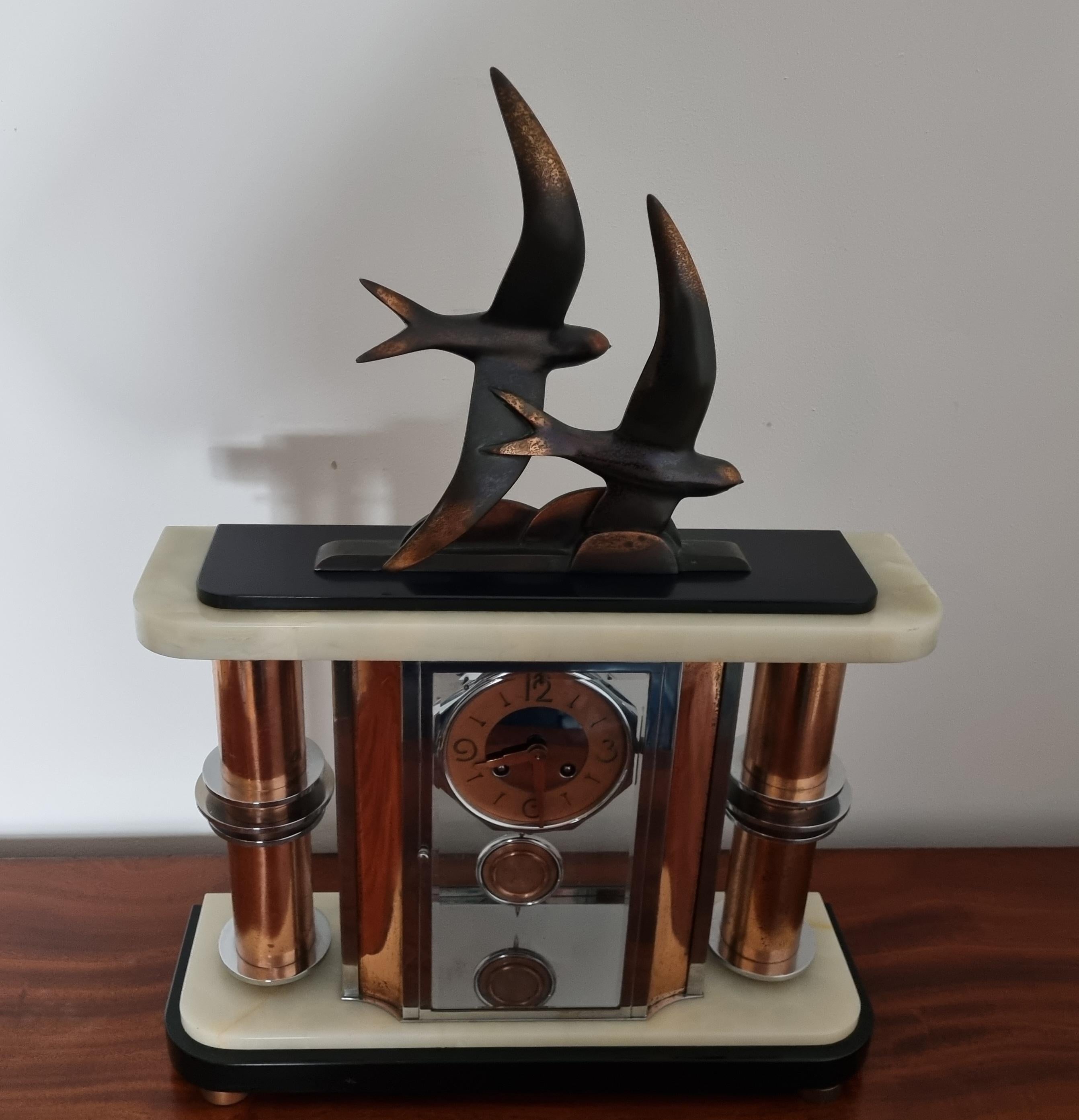 Mid-20th Century Art Deco Glass Panelled Clock with Bronze Swallows For Sale