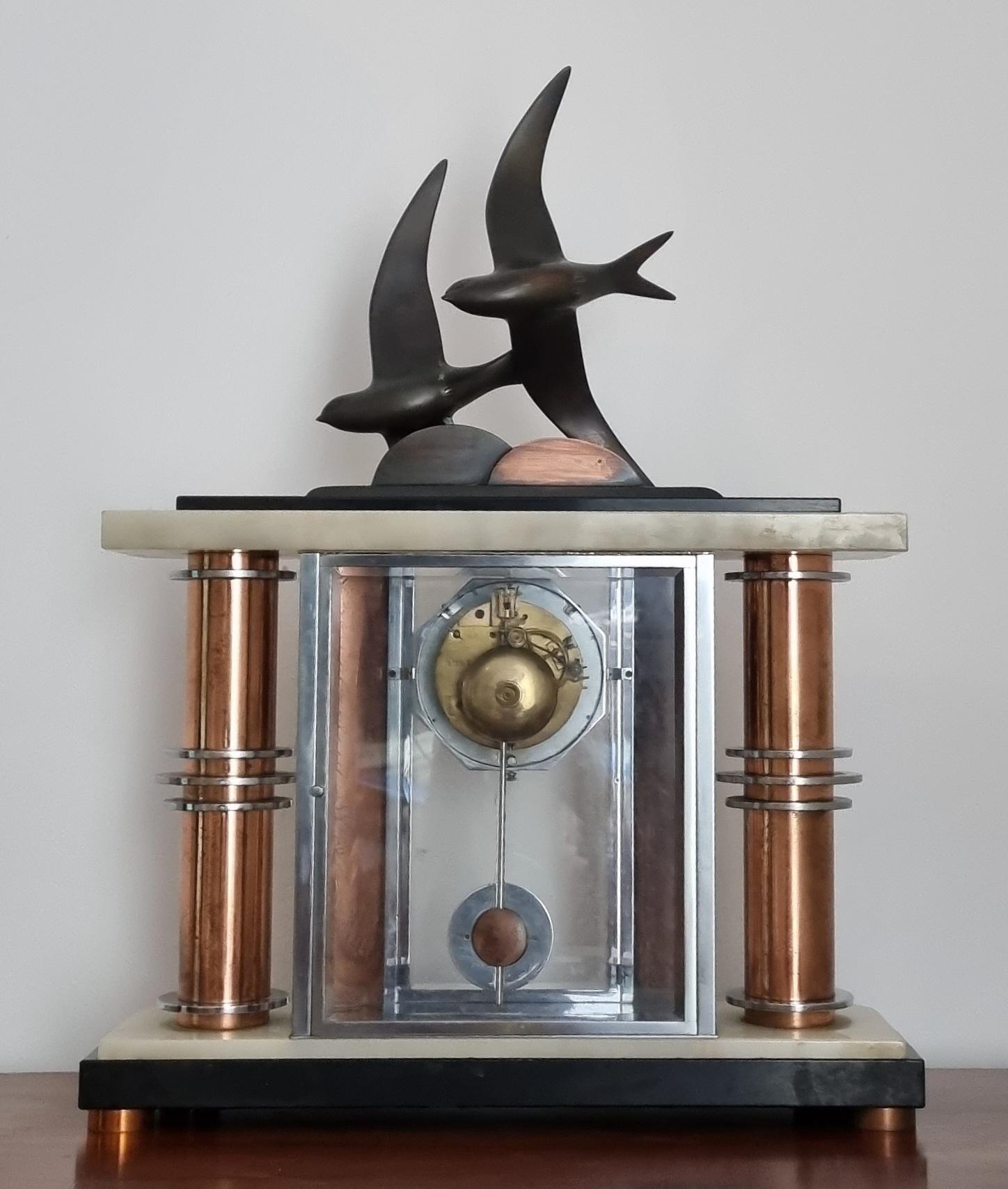 Art Deco Glass Panelled Clock with Bronze Swallows For Sale 3