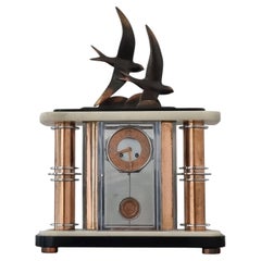 Art Deco Glass Panelled Clock with Bronze Swallows