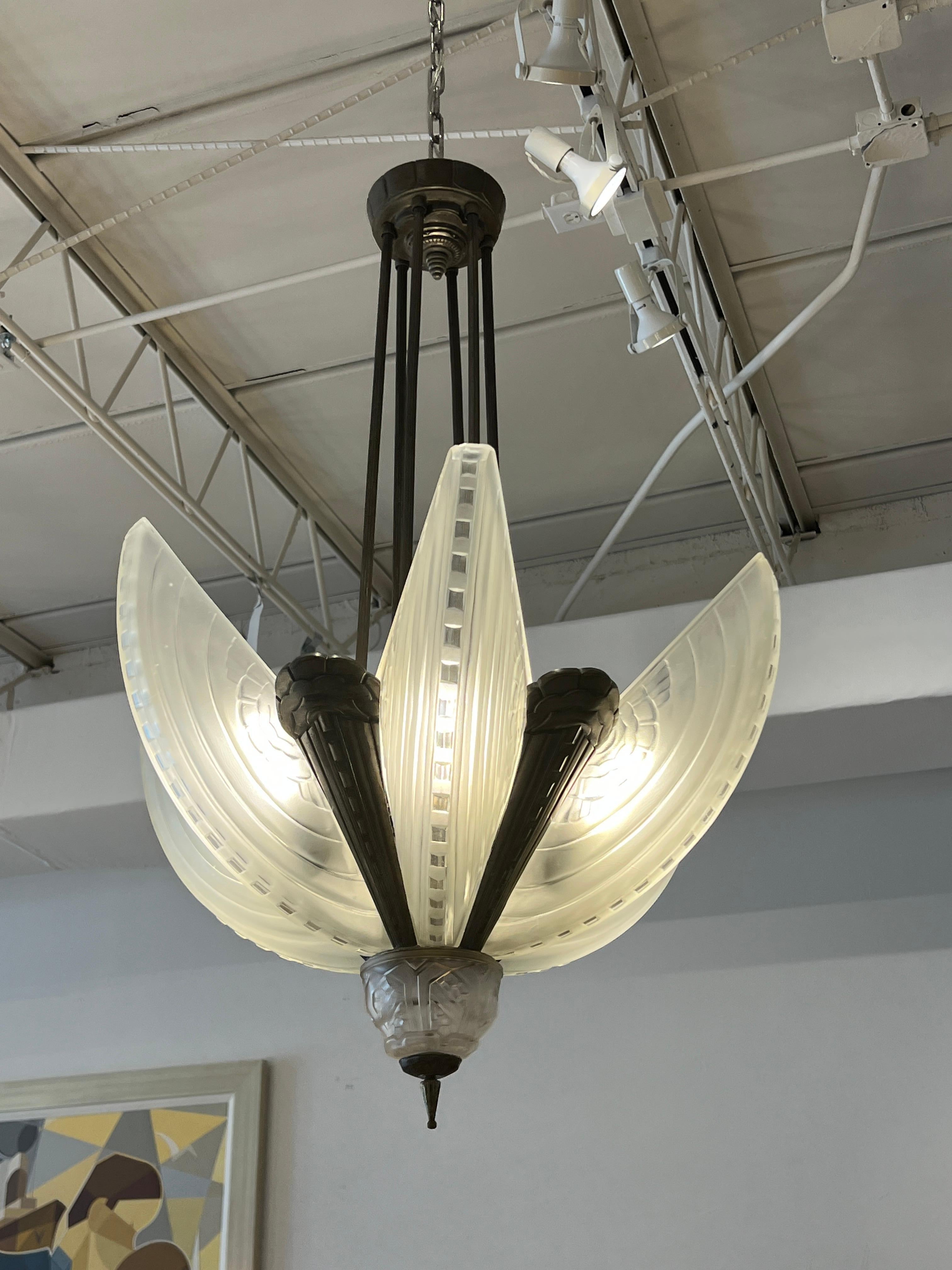 A stunning extremely rare French Art Deco chandelier or pendant created by 