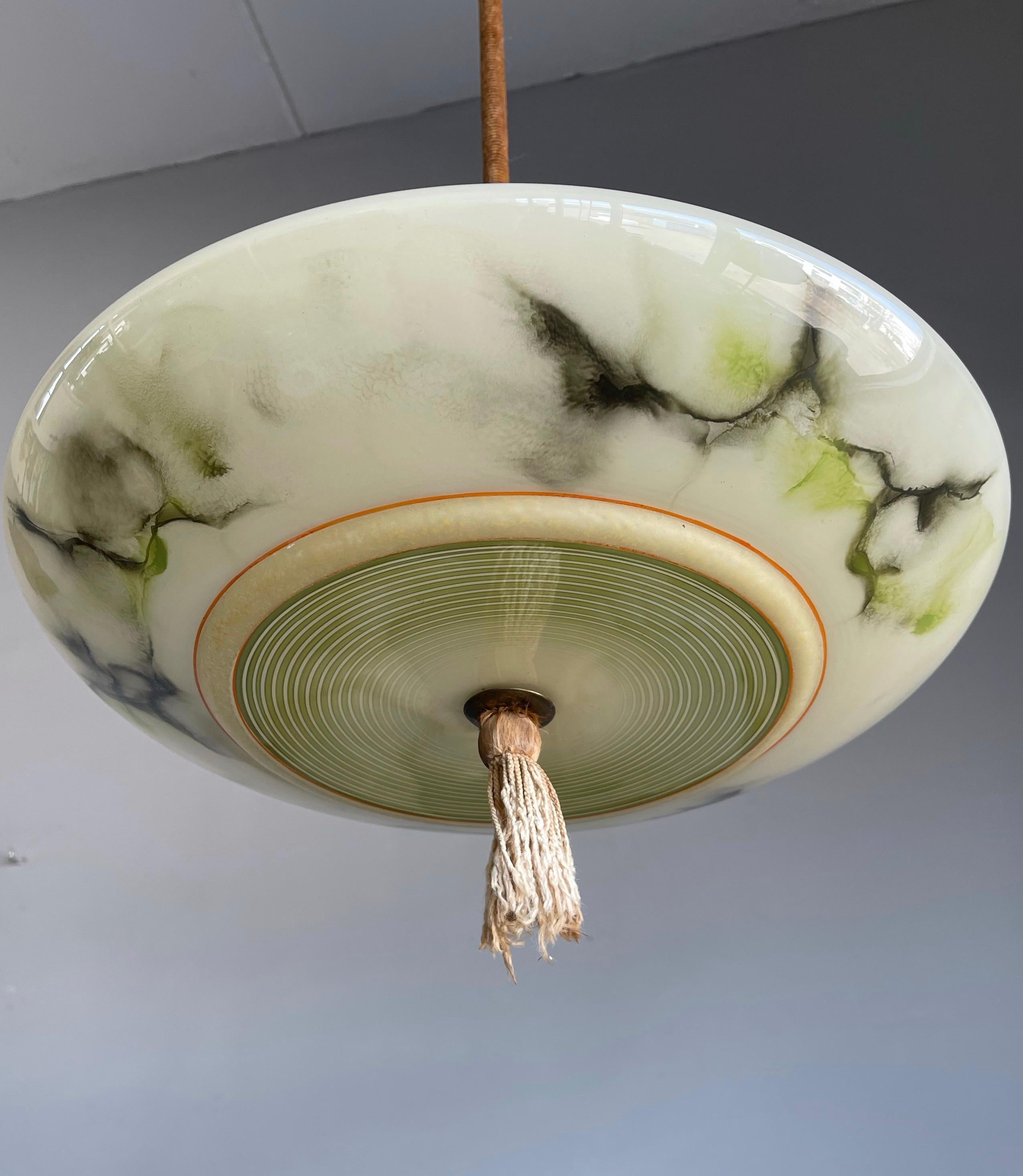 European Art Deco Glass Pendant Light / Flush Mount w. Tassle & Transparent Glass Top
