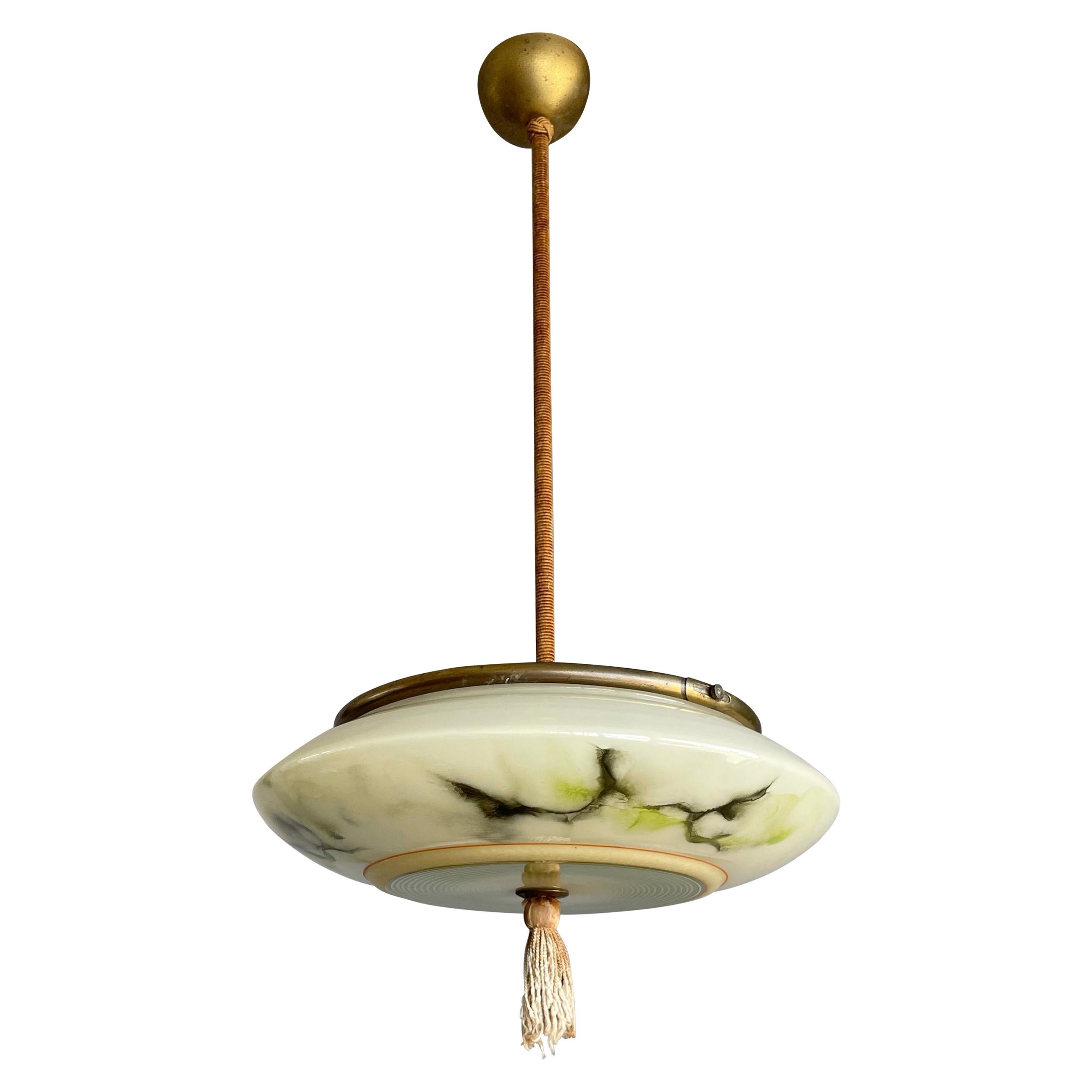 Art Deco Glass Pendant Light / Flush Mount w. Tassle & Transparent Glass Top