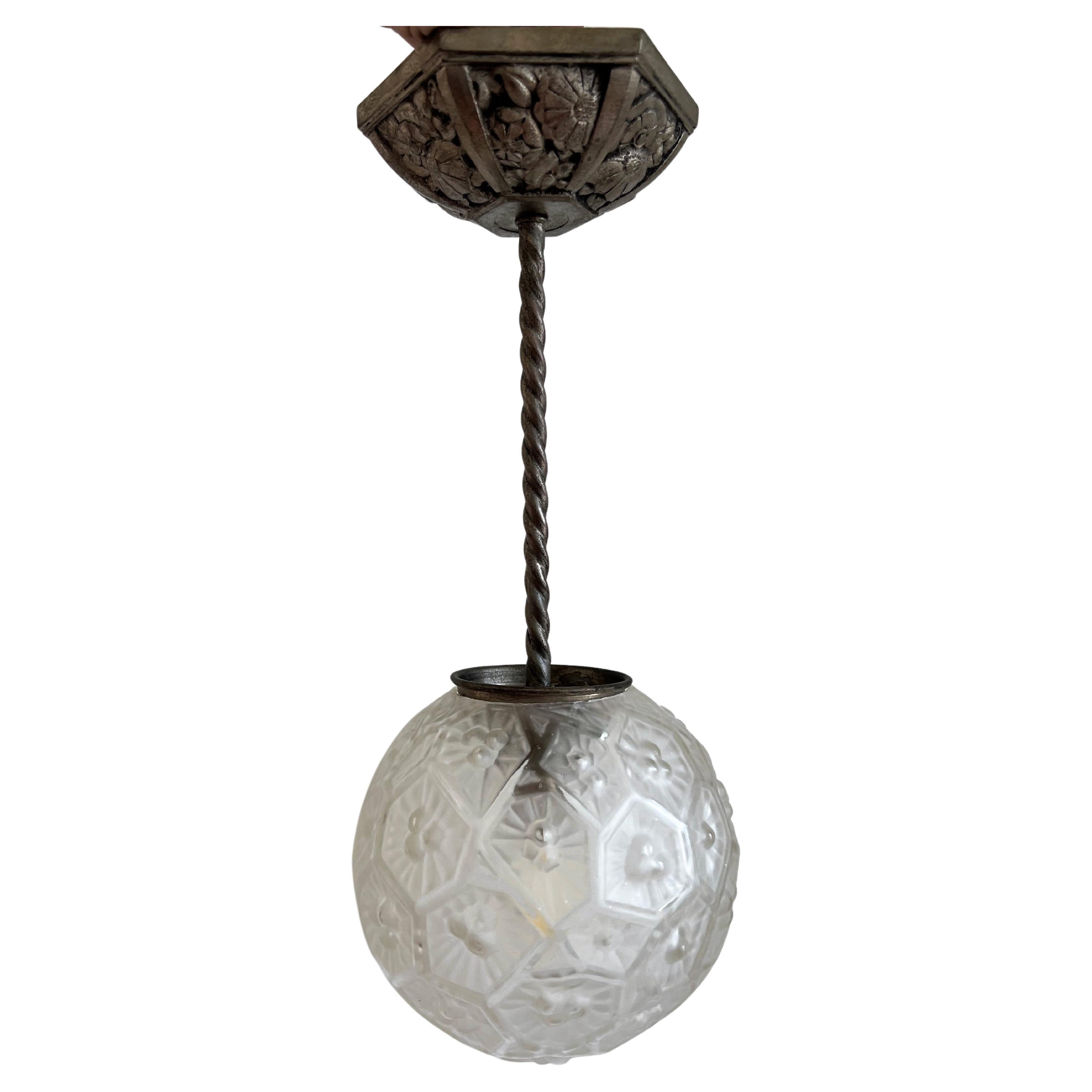 French Art Deco Enameled Glass Pendant Light by Maxonade Verrier D’Art