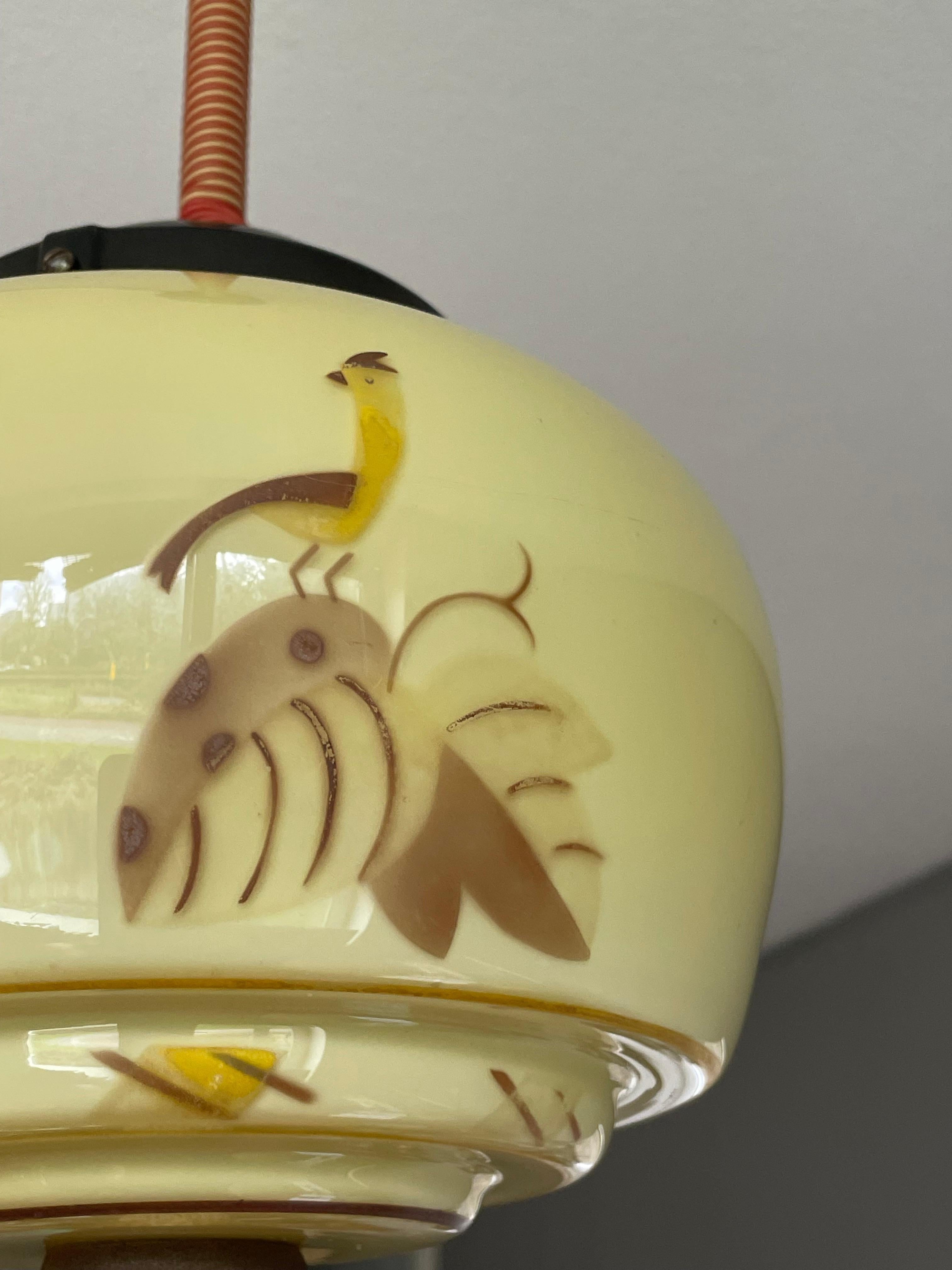 Art-Deco-Glas-Anhänger w. Quaste, handbemalte Vogeldekoration und Bakelit-Baldachin mit Quaste 9