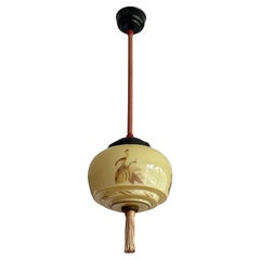 Art-Deco-Glas-Anhänger w. Quaste, handbemalte Vogeldekoration und Bakelit-Baldachin mit Quaste